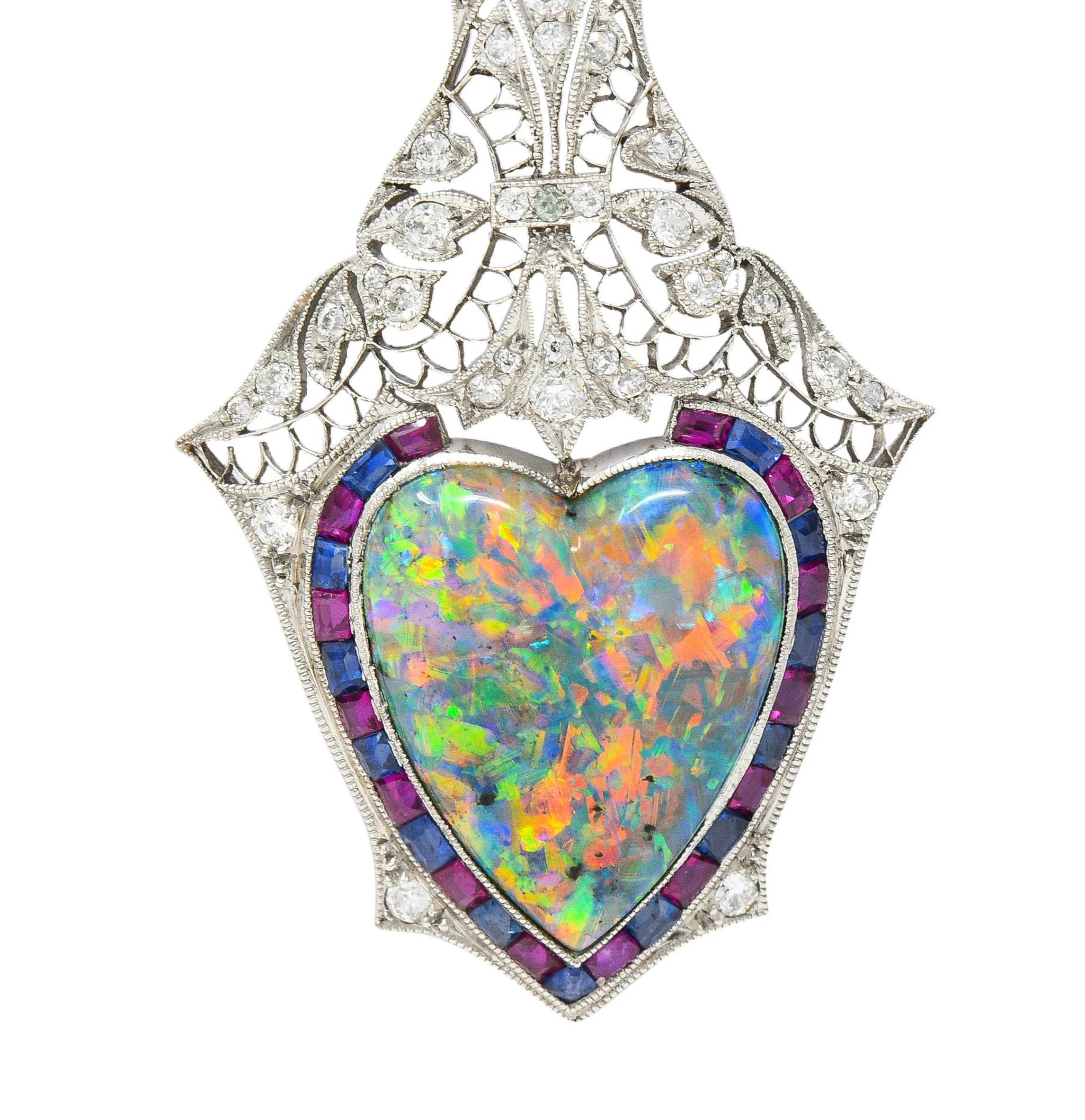 Edwardian 9.64 CTW Diamond Sapphire Ruby Heart Shaped Black Opal Foliate Antique Pendant - Image 11