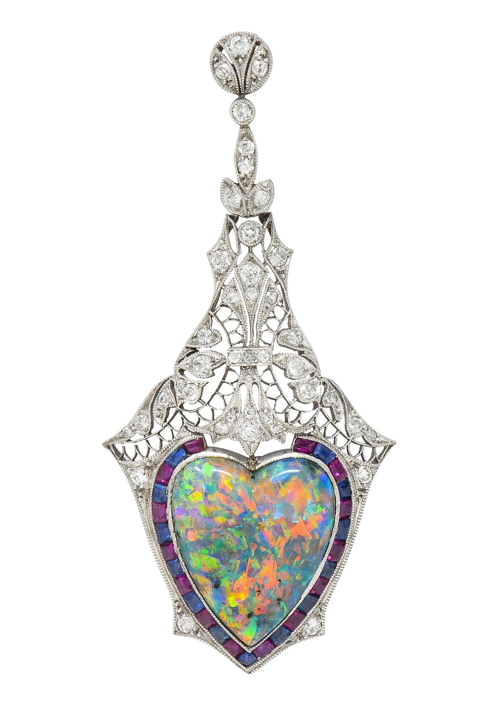 Edwardian 9.64 CTW Diamond Sapphire Ruby Heart Shaped Black Opal Foliate Antique Pendant - Image 12