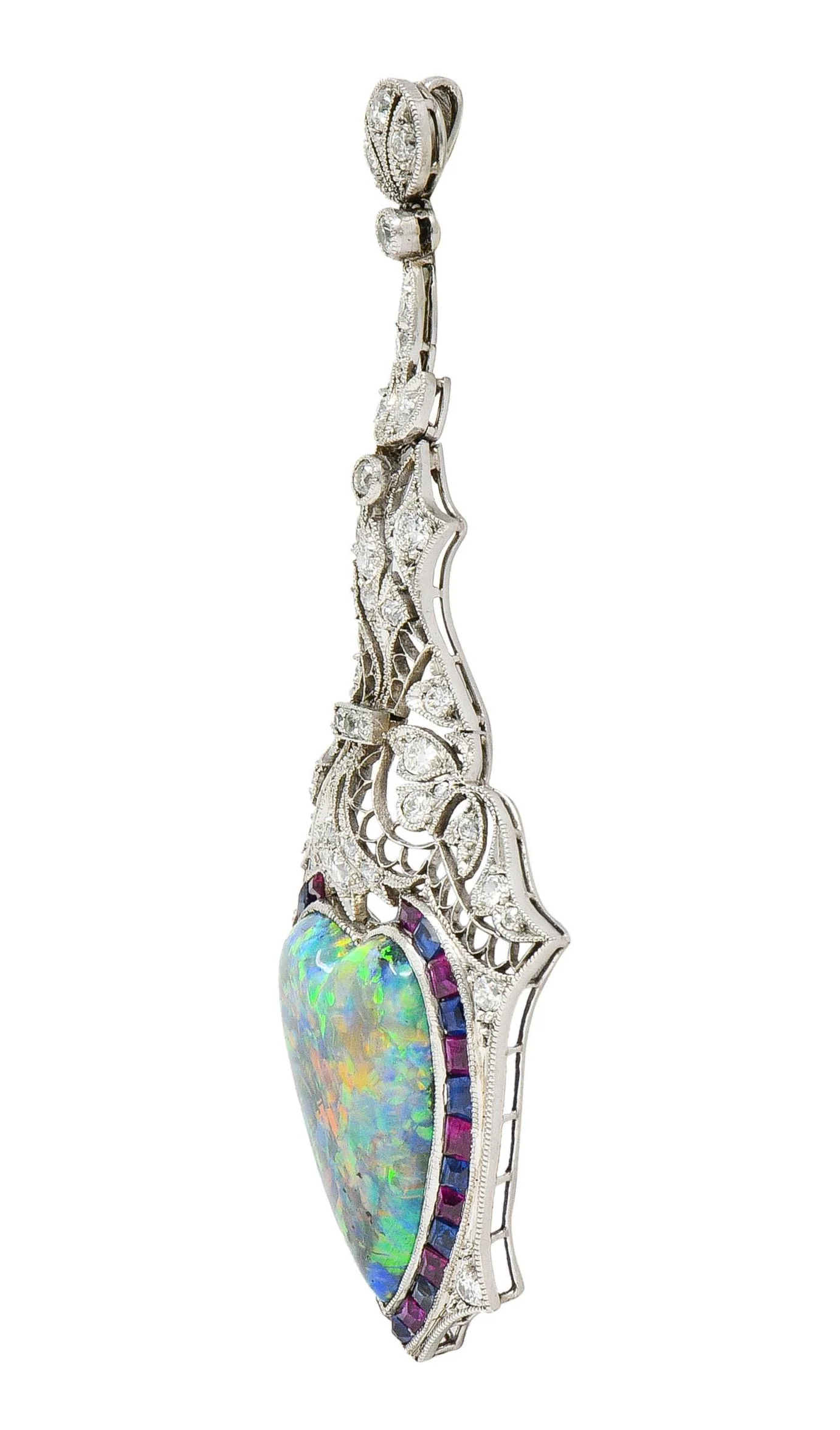 Edwardian 9.64 CTW Diamond Sapphire Ruby Heart Shaped Black Opal Foliate Antique Pendant - Image 3