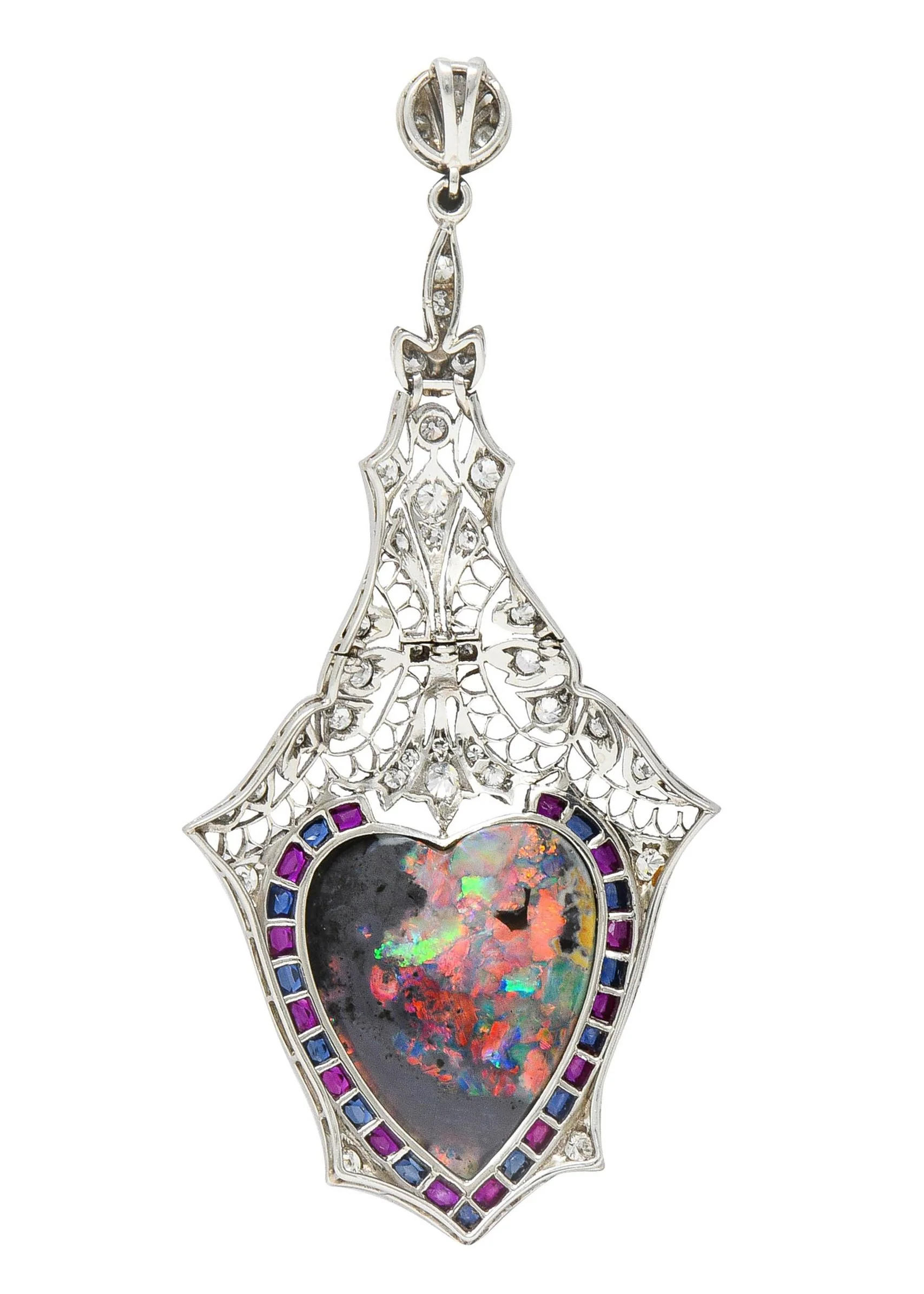 Edwardian 9.64 CTW Diamond Sapphire Ruby Heart Shaped Black Opal Foliate Antique Pendant - Image 4