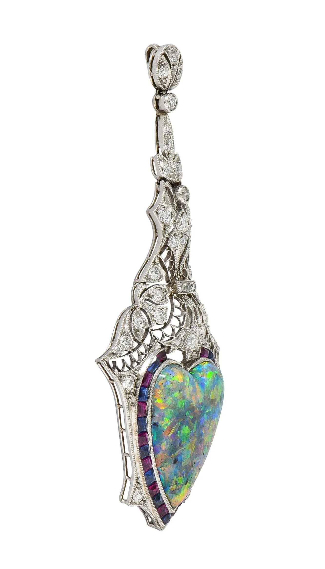Edwardian 9.64 CTW Diamond Sapphire Ruby Heart Shaped Black Opal Foliate Antique Pendant - Image 5