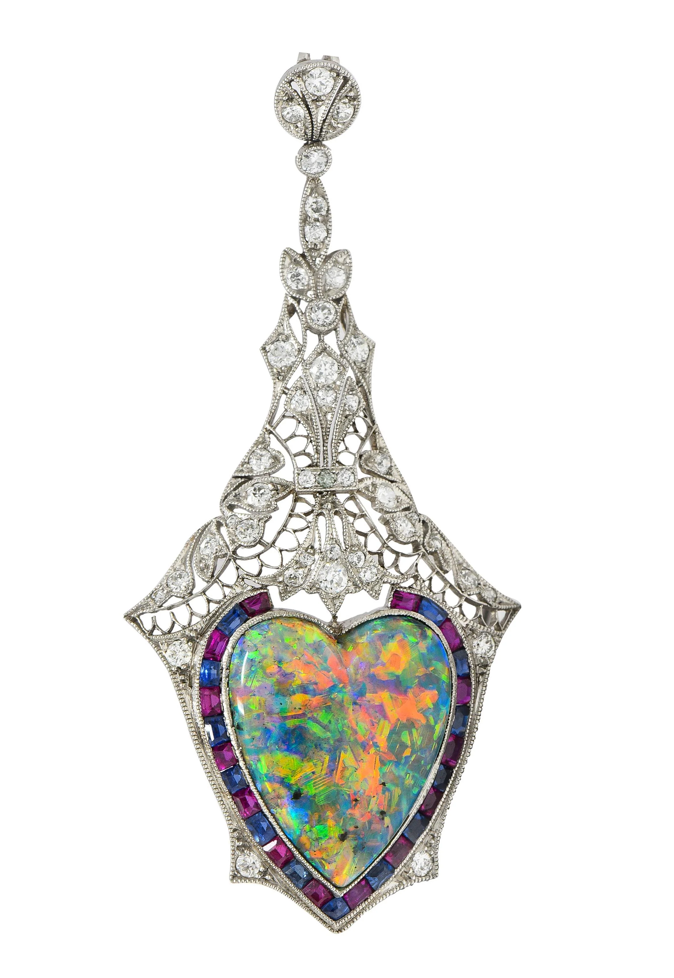 Edwardian 9.64 CTW Diamond Sapphire Ruby Heart Shaped Black Opal Foliate Antique Pendant - Image 6