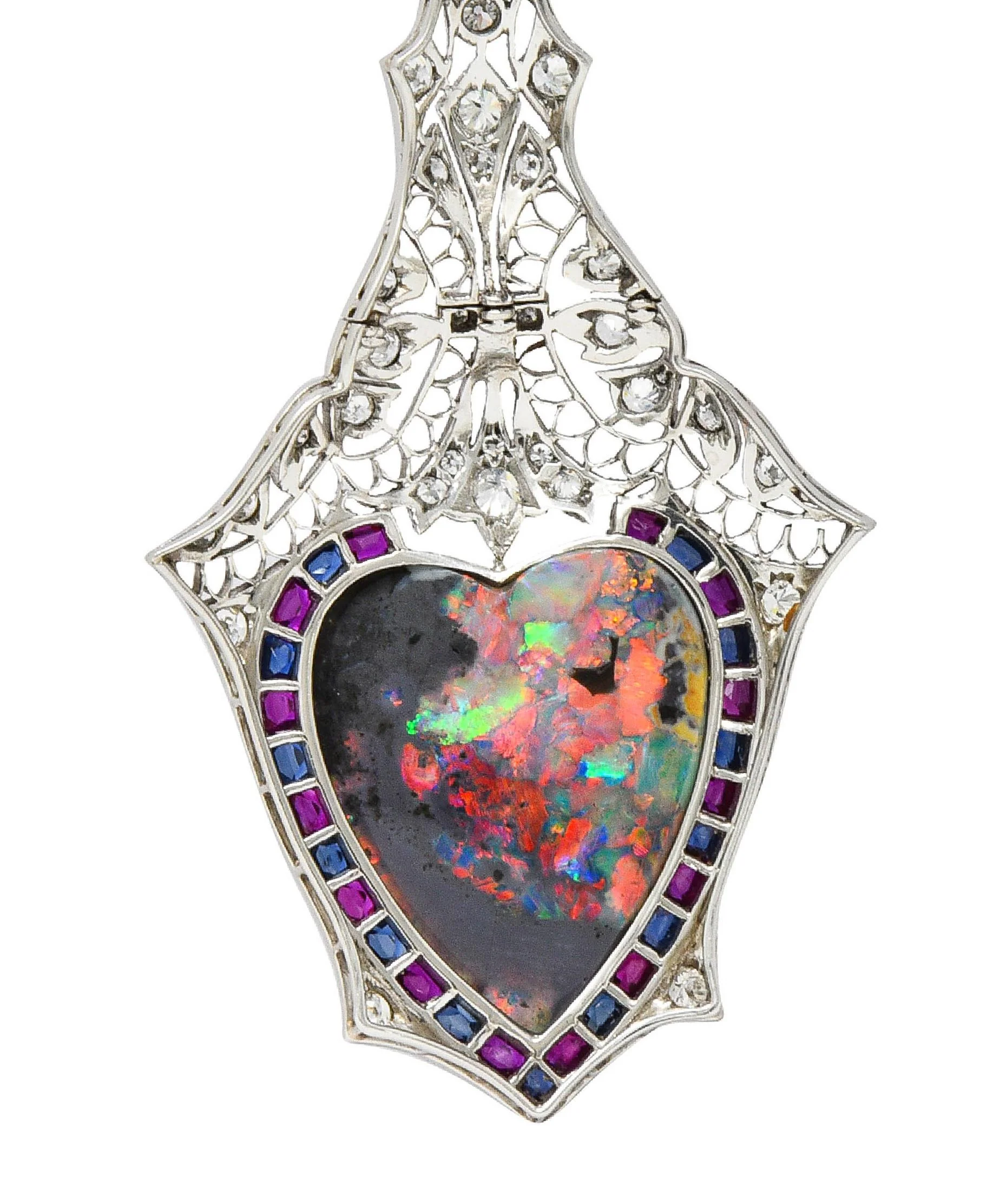 Edwardian 9.64 CTW Diamond Sapphire Ruby Heart Shaped Black Opal Foliate Antique Pendant - Image 8