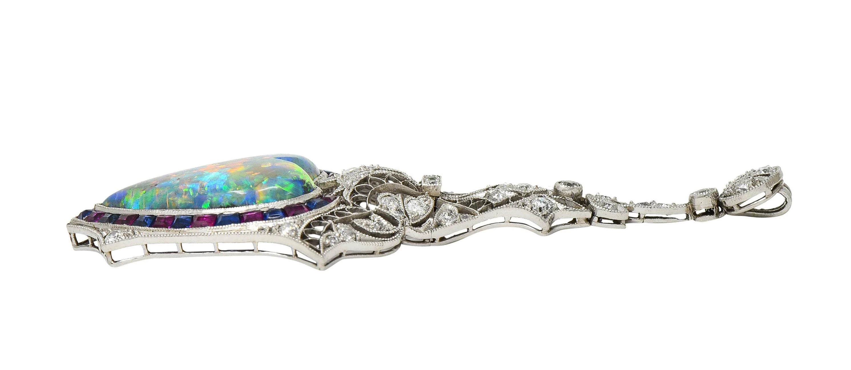 Edwardian 9.64 CTW Diamond Sapphire Ruby Heart Shaped Black Opal Foliate Antique Pendant - Image 9