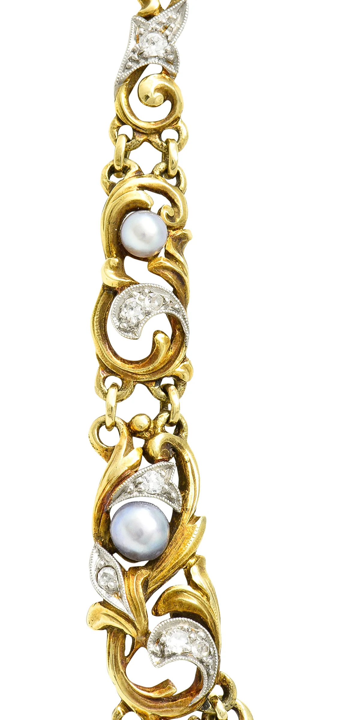 Edwardian 9.71 CTW Step-Cut Aquamarine Diamond Pearl Platinum 14 Karat Yellow Gold Fleur-De-Lis Antique Station Necklace - Image 7