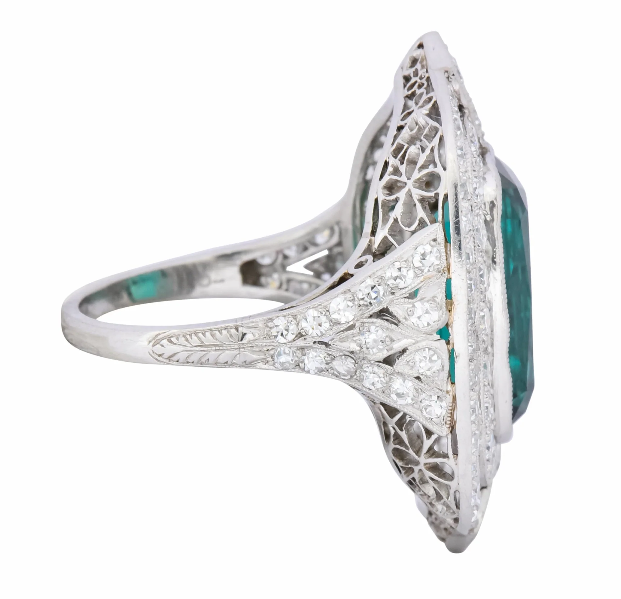 Edwardian 9.90 CTW Green Tourmaline Diamond Platinum Belle Epoque Ring - Image 4
