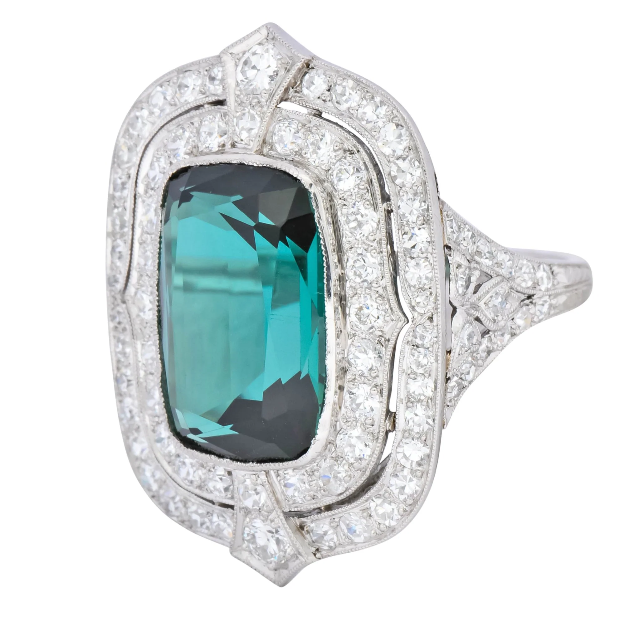 Edwardian 9.90 CTW Green Tourmaline Diamond Platinum Belle Epoque Ring - Image 6