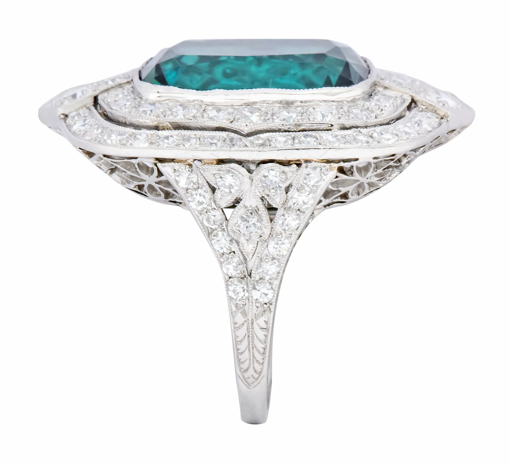 Edwardian 9.90 CTW Green Tourmaline Diamond Platinum Belle Epoque Ring - Image 7