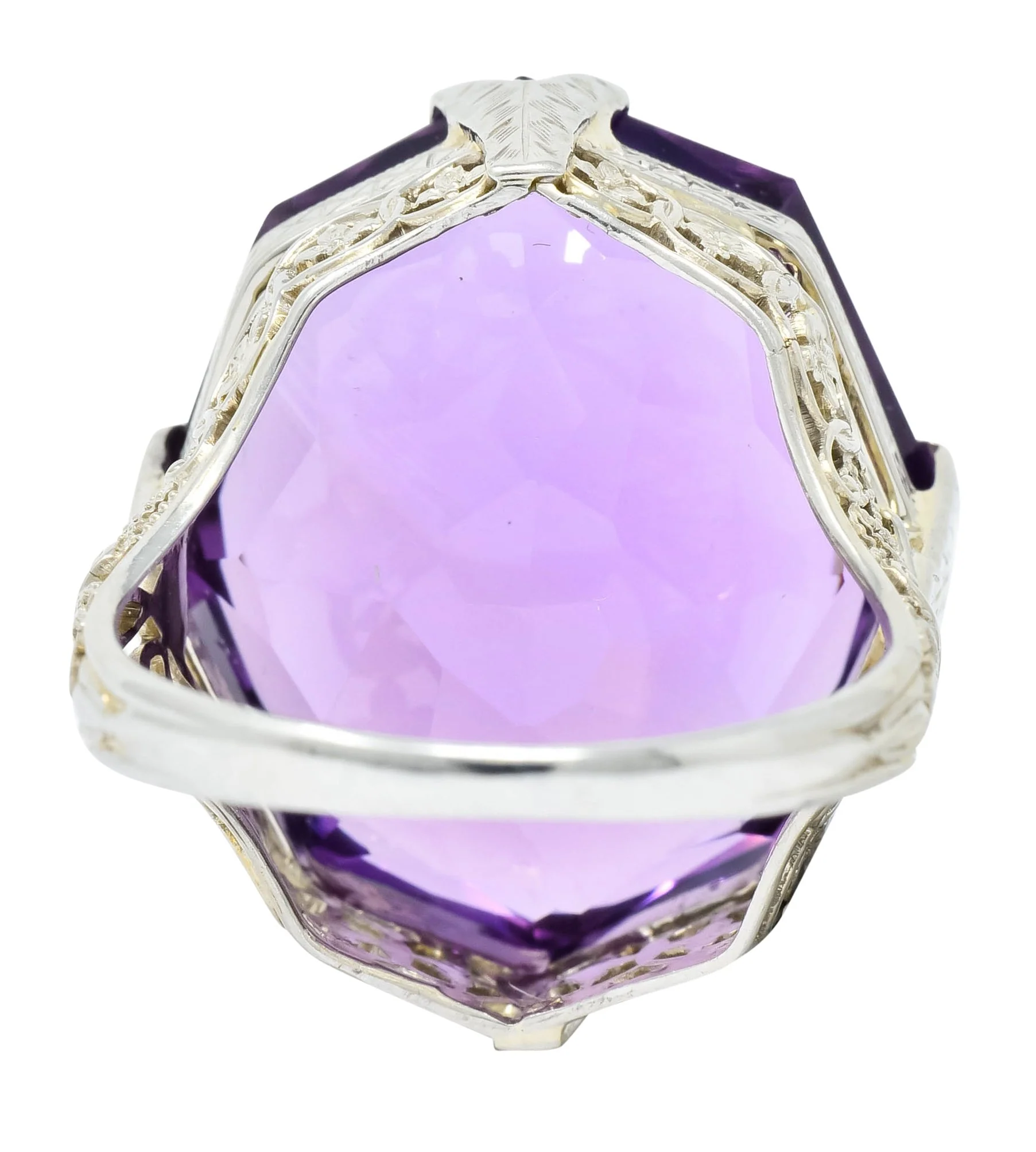 Edwardian Amethyst 18 Karat White Gold Floral Lace Cocktail Ring - Image 5