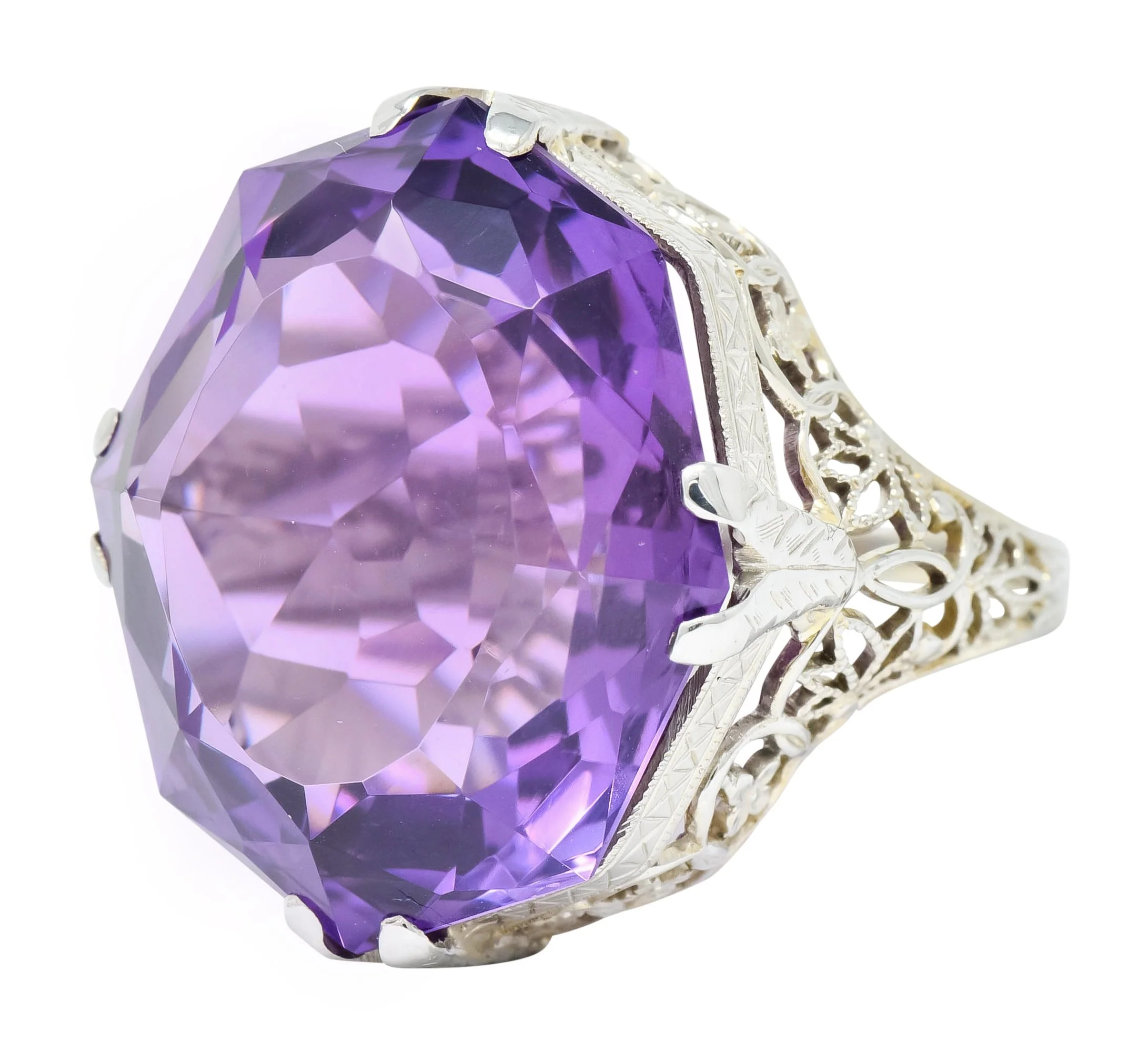 Edwardian Amethyst 18 Karat White Gold Floral Lace Cocktail Ring - Image 7
