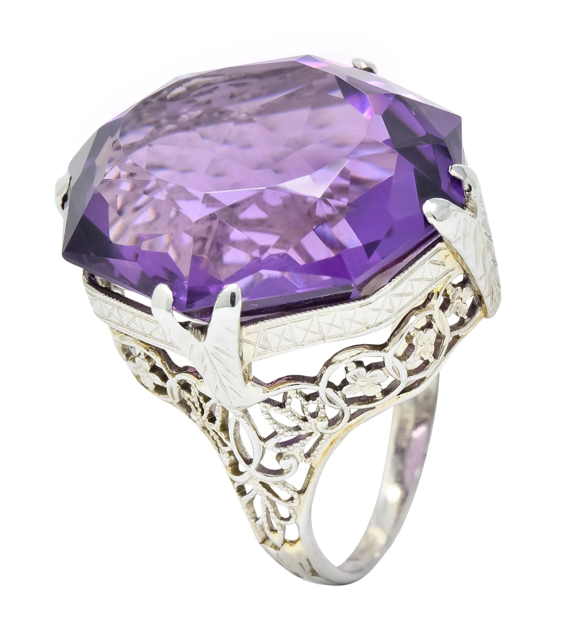 Edwardian Amethyst 18 Karat White Gold Floral Lace Cocktail Ring - Image 9