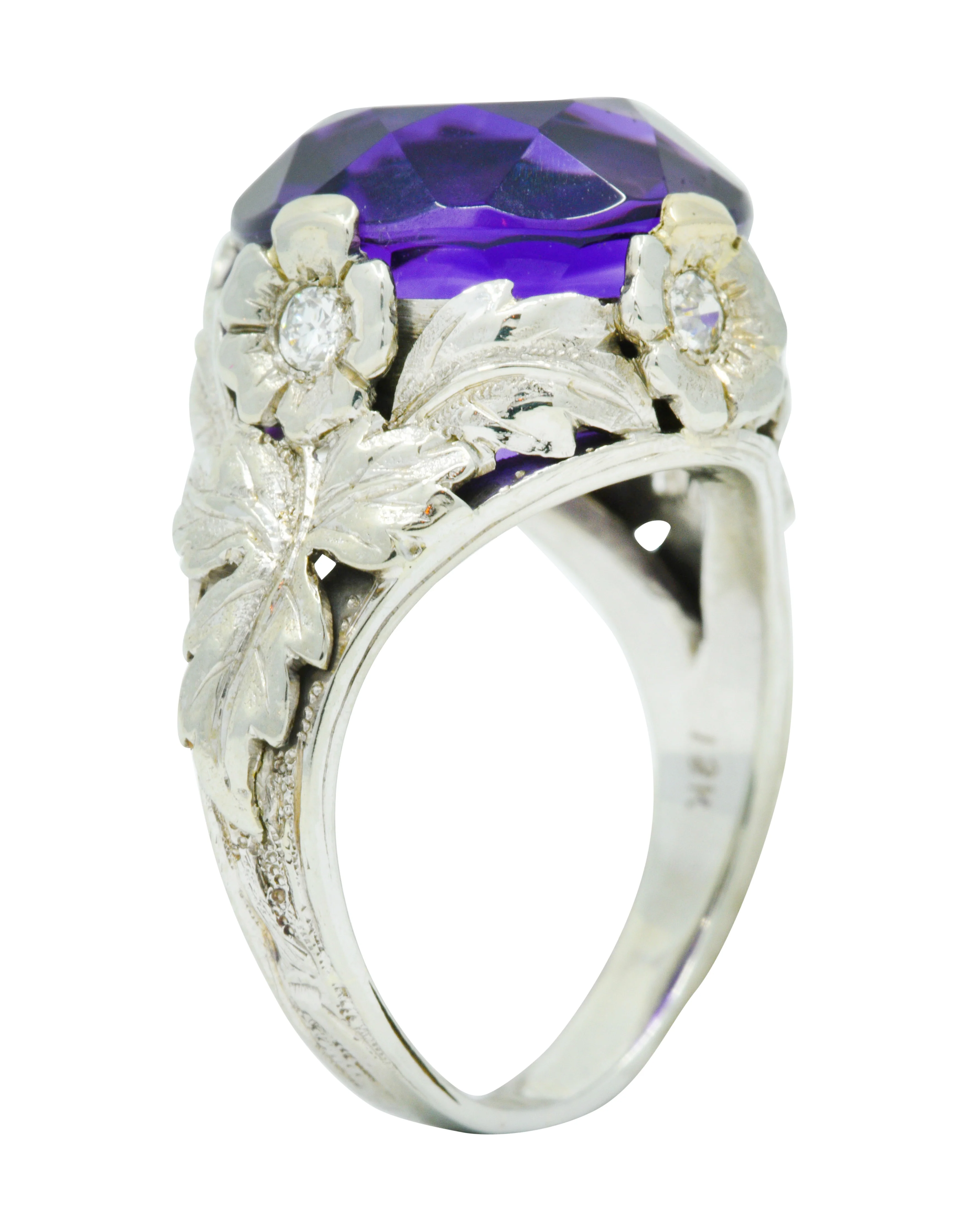 Edwardian Amethyst Diamond 18 Karat White Gold Floral Cocktail Ring - Image 7