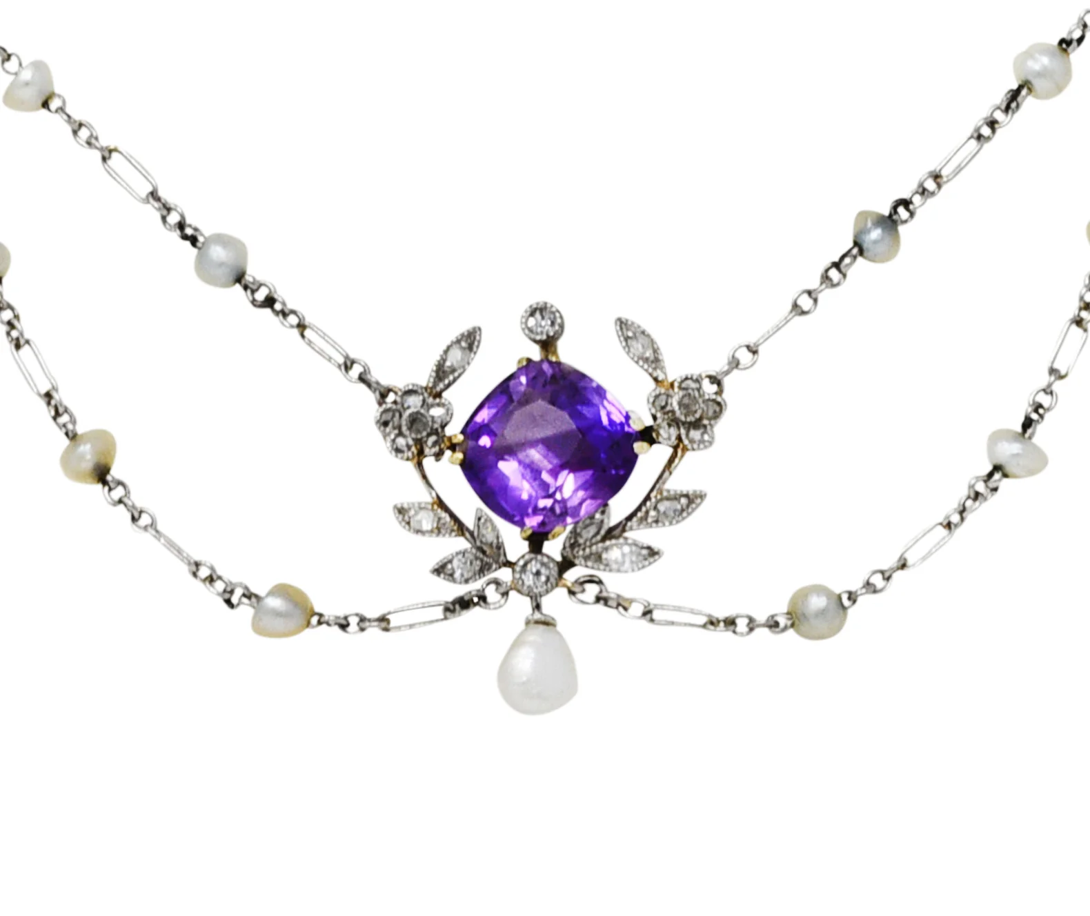 Edwardian Amethyst Diamond Pearl Platinum-Topped 18 Karat Gold Swag Necklace - Image 8