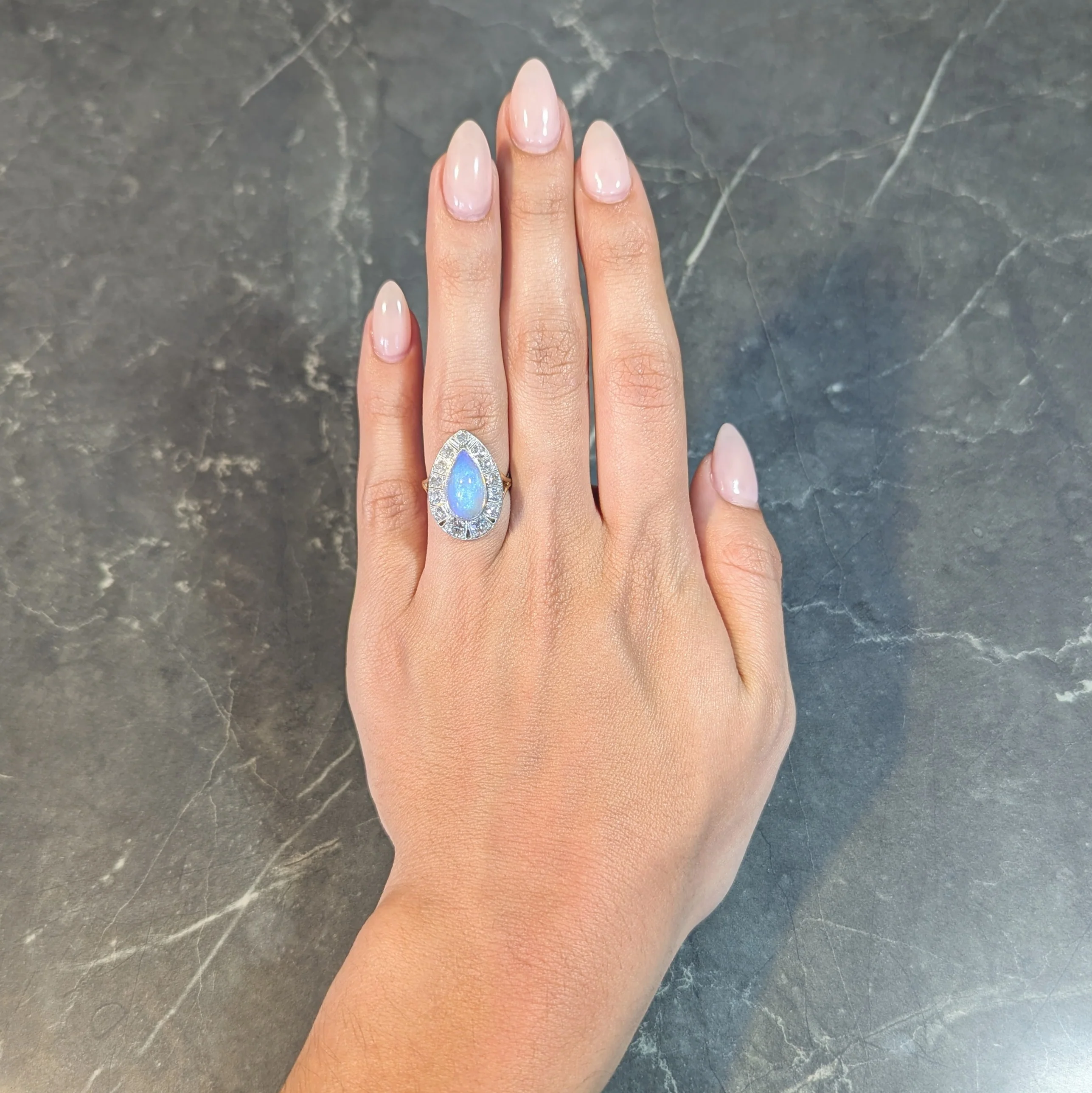 Edwardian Antique Pear Jelly Opal Diamond Platinum 14 Karat Gold Halo Ring - Image 16