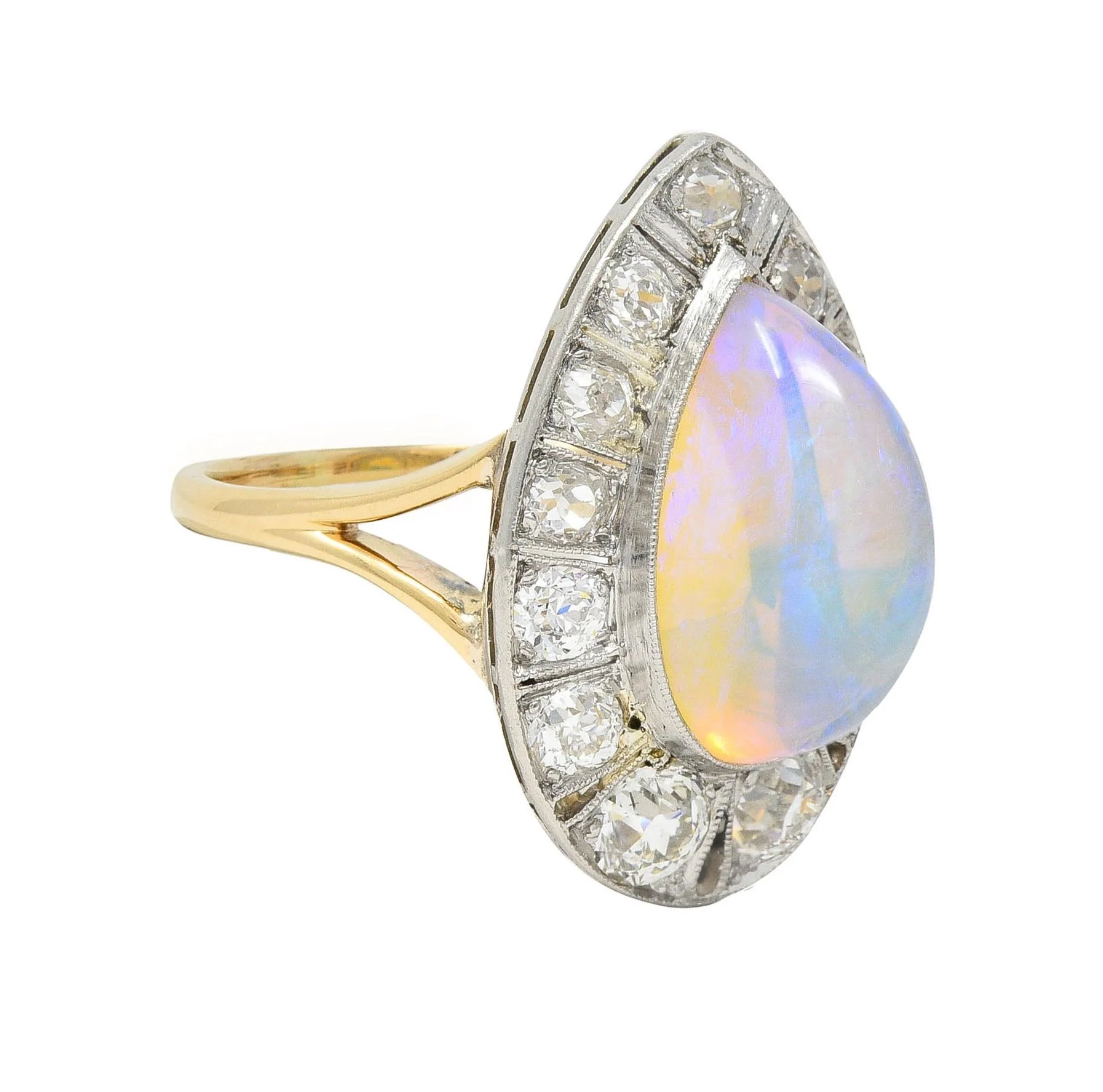 Edwardian Antique Pear Jelly Opal Diamond Platinum 14 Karat Gold Halo Ring - Image 2