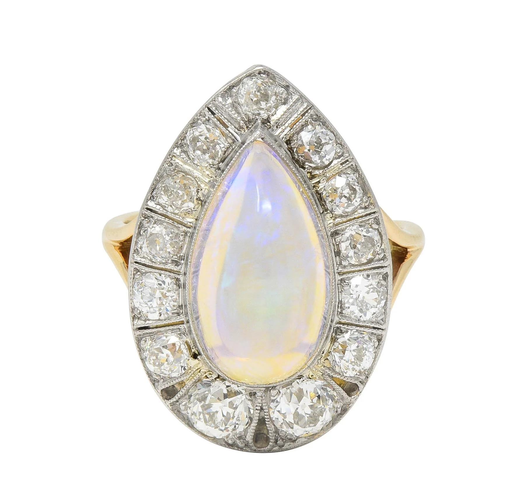 Edwardian Antique Pear Jelly Opal Diamond Platinum 14 Karat Gold Halo Ring - Image 3