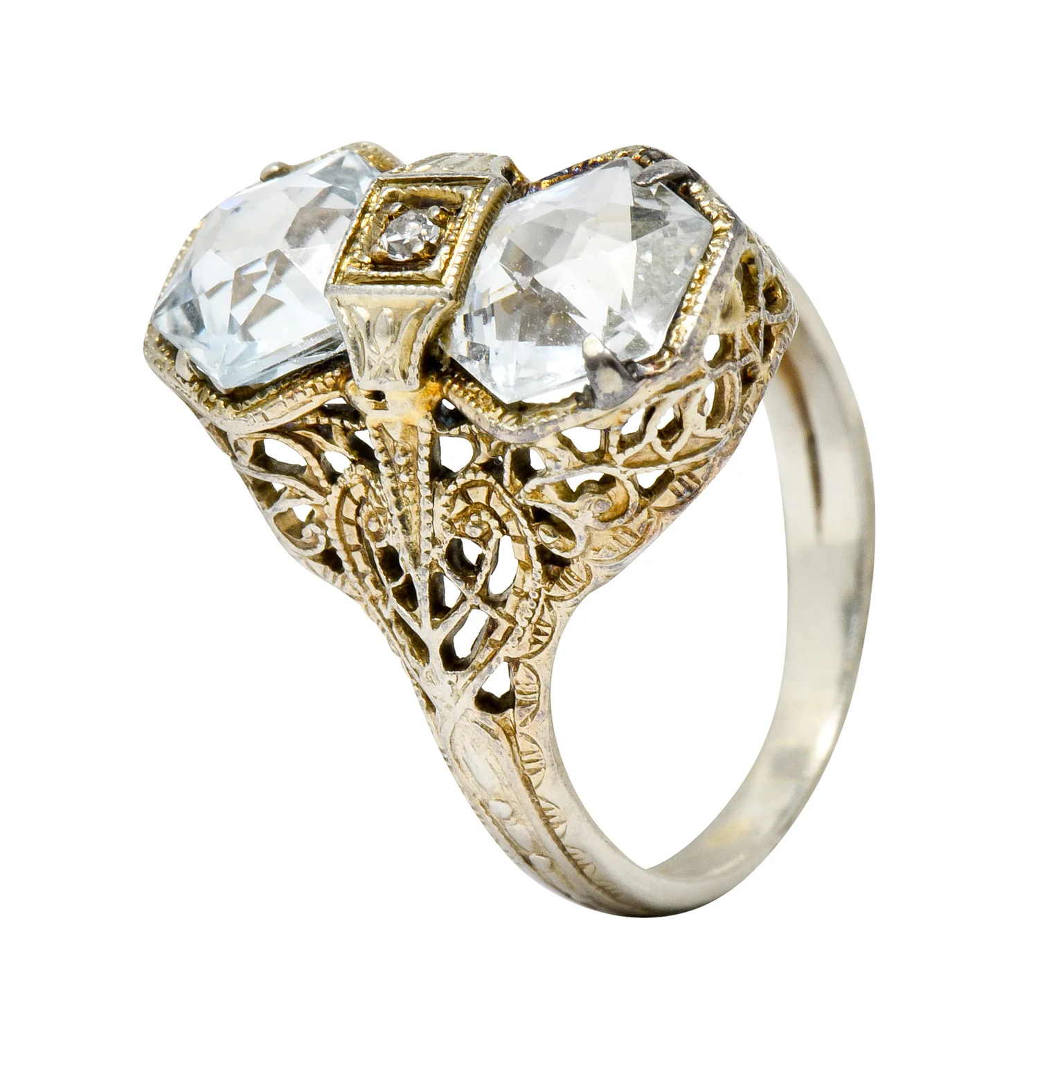 Edwardian Aquamarine Diamond 14 Karat White Gold Dinner Ring - Image 9