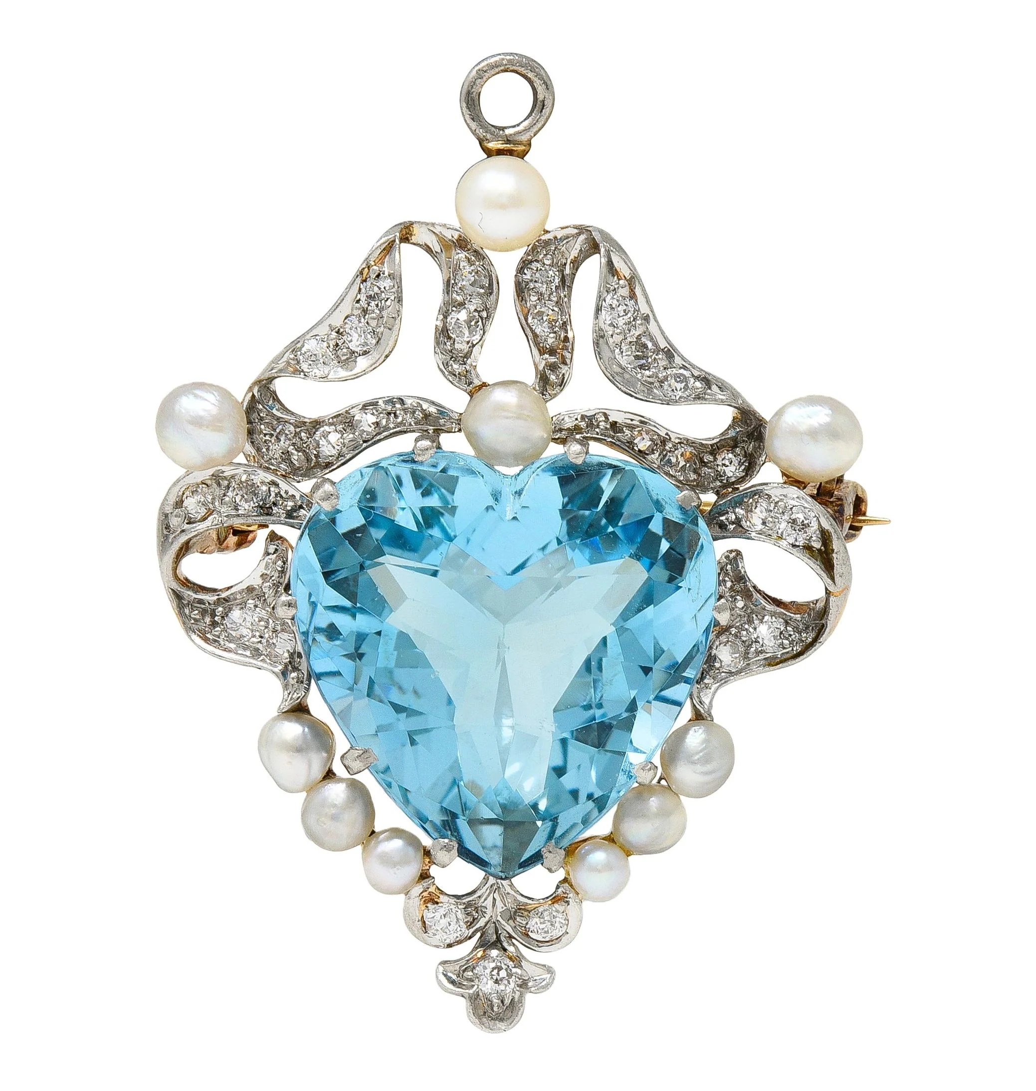 Edwardian Aquamarine Diamond Pearl Platinum 18 Karat Yellow Gold Antique Heart Pendant Brooch - Image 3