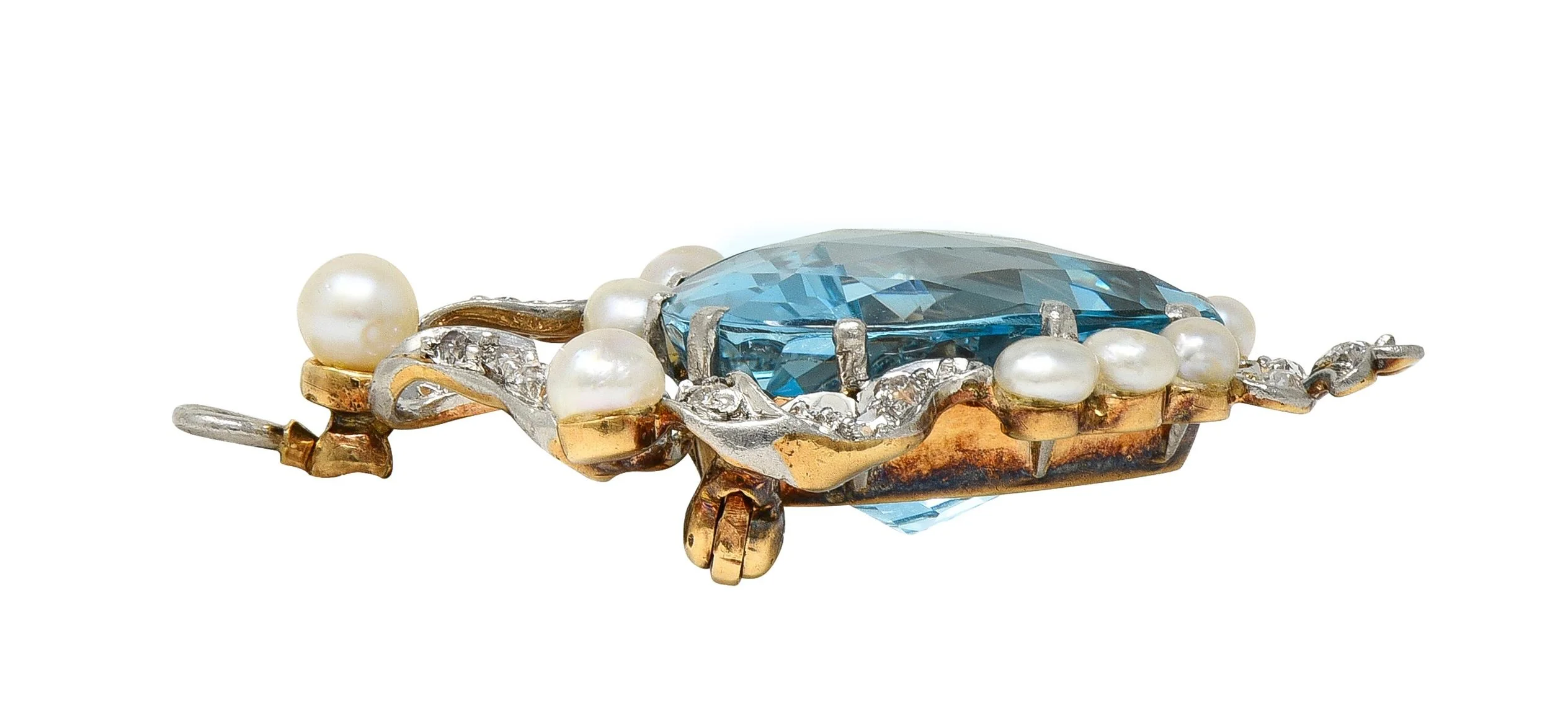 Edwardian Aquamarine Diamond Pearl Platinum 18 Karat Yellow Gold Antique Heart Pendant Brooch - Image 8
