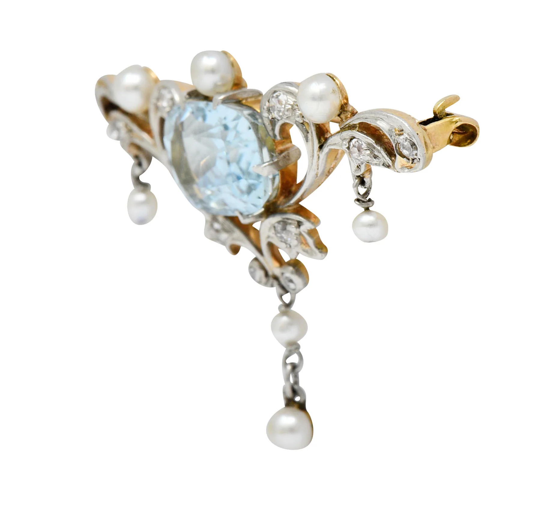Edwardian Aquamarine Diamond Pearl Platinum-Topped 14 Karat Gold Brooch - Image 2