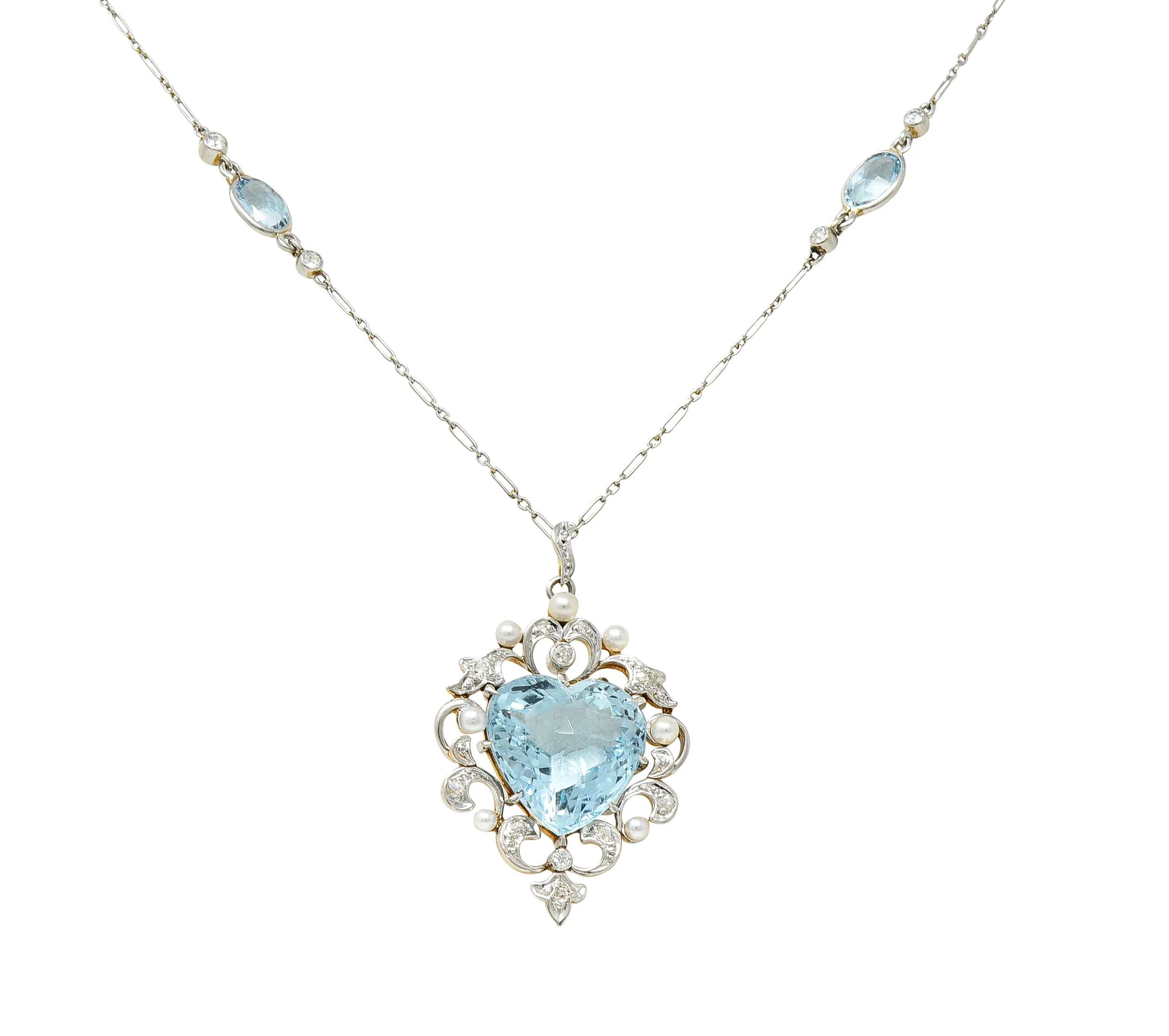 Edwardian Aquamarine Diamond Pearl Platinum-Topped 14 Karat Yellow Gold Heart Antique Pendant Station Necklace