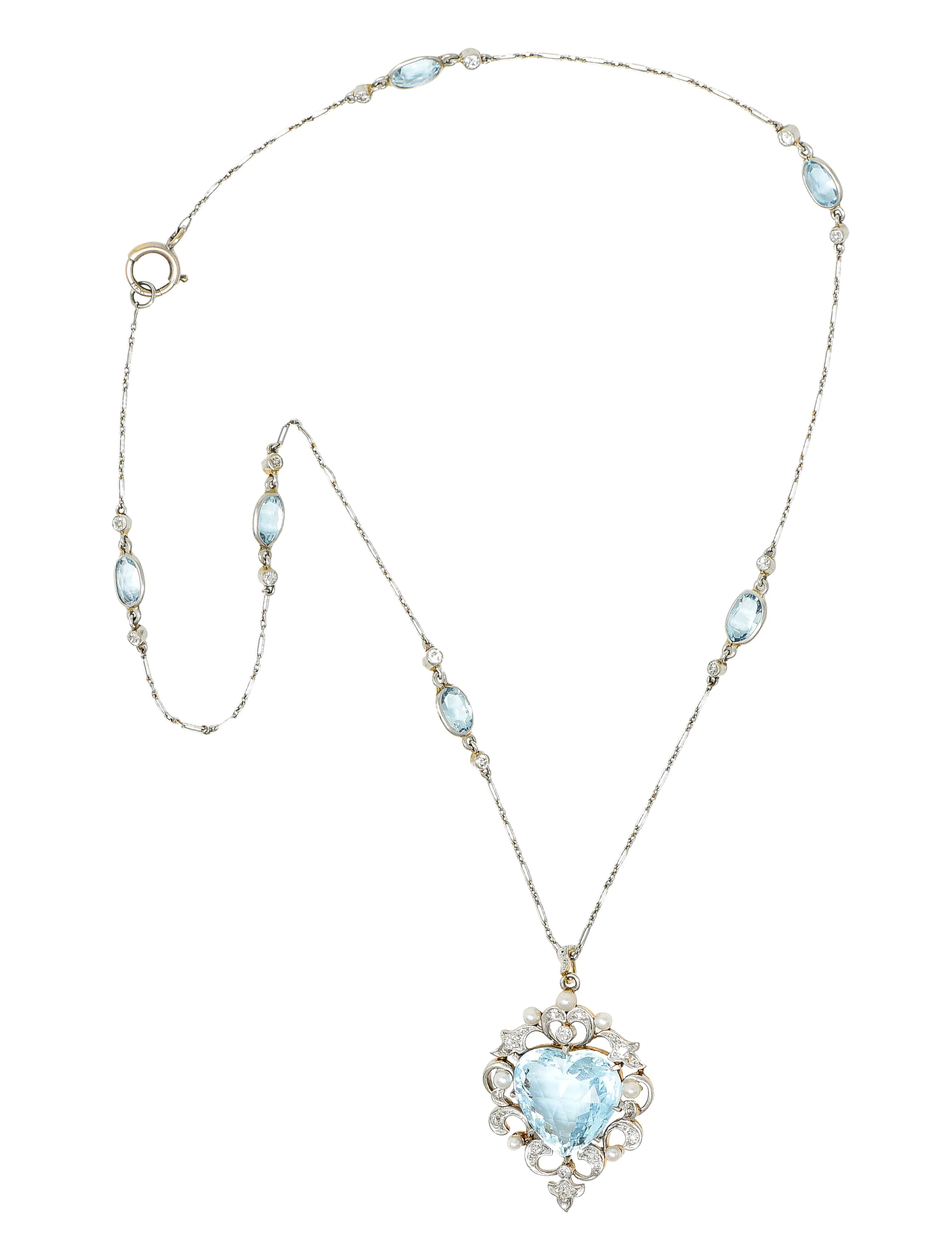 Edwardian Aquamarine Diamond Pearl Platinum-Topped 14 Karat Yellow Gold Heart Antique Pendant Station Necklace - Image 2