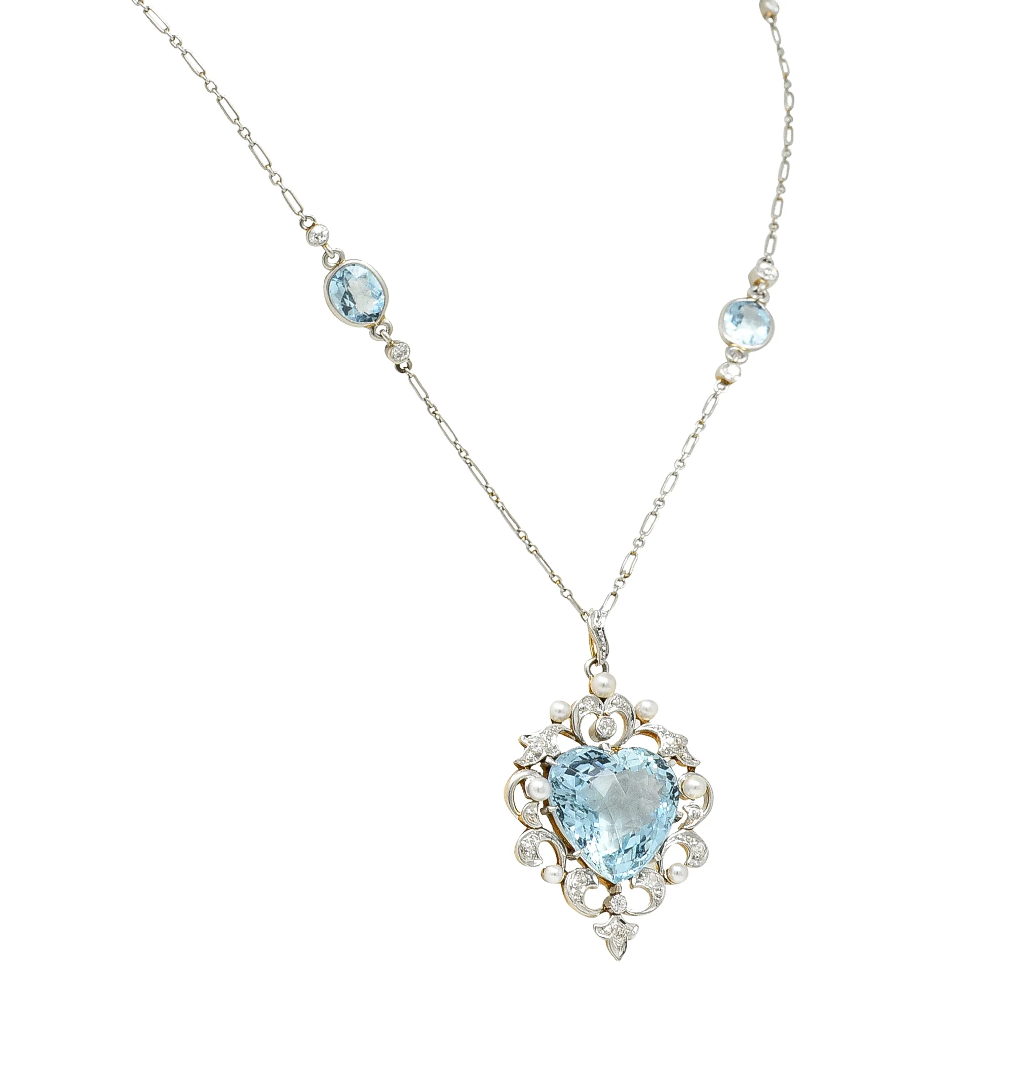 Edwardian Aquamarine Diamond Pearl Platinum-Topped 14 Karat Yellow Gold Heart Antique Pendant Station Necklace - Image 3