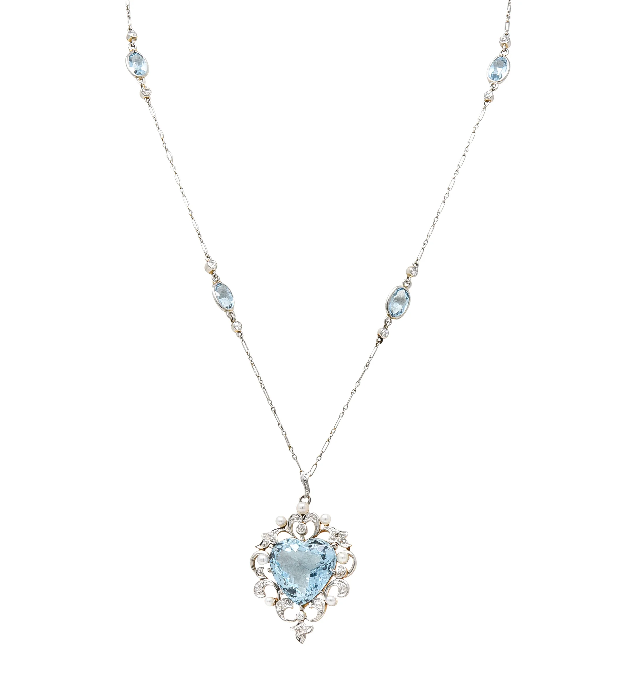 Edwardian Aquamarine Diamond Pearl Platinum-Topped 14 Karat Yellow Gold Heart Antique Pendant Station Necklace - Image 9