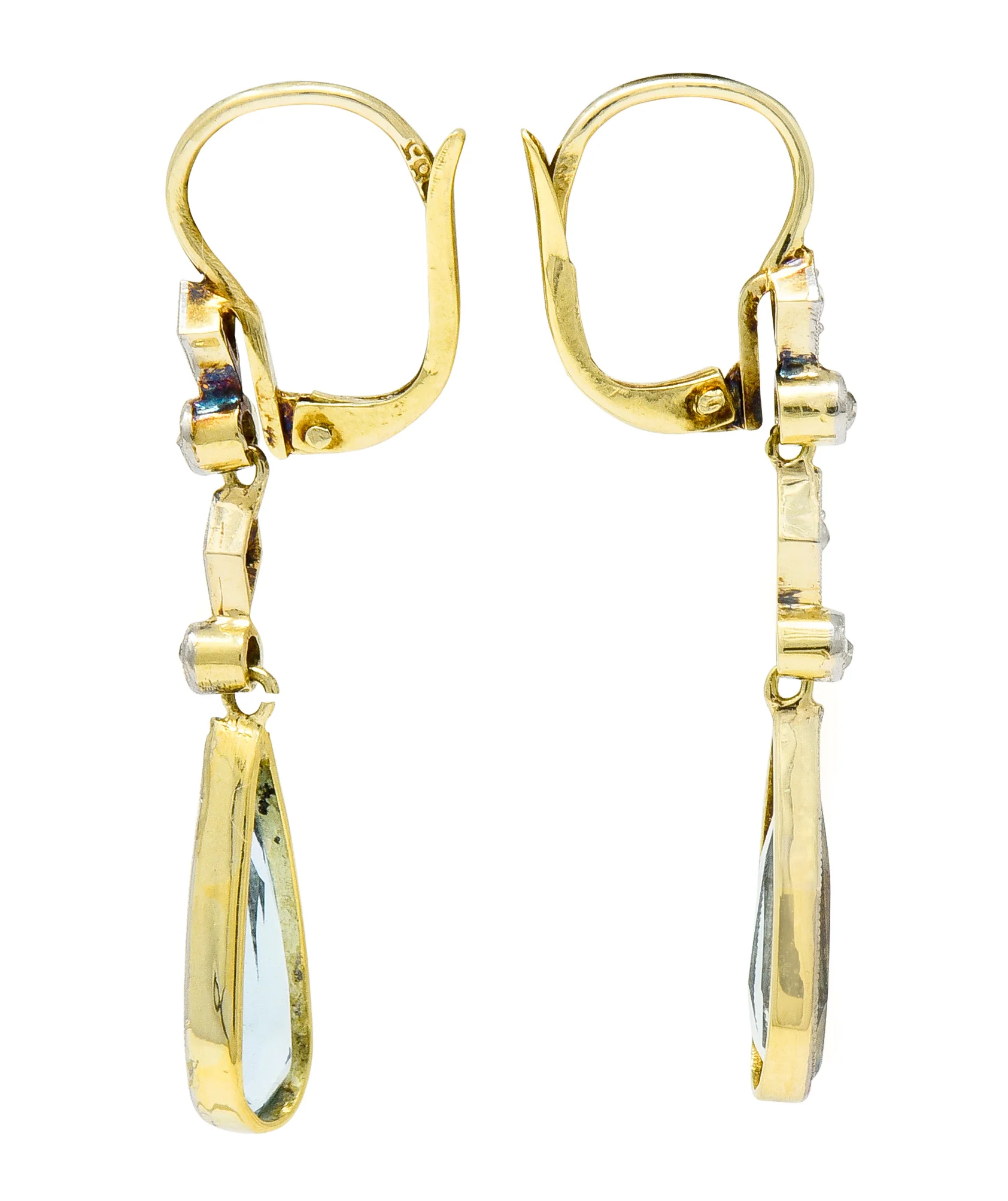 Edwardian Aquamarine Diamond Platinum-Topped Gold Drop Earrings - Image 2