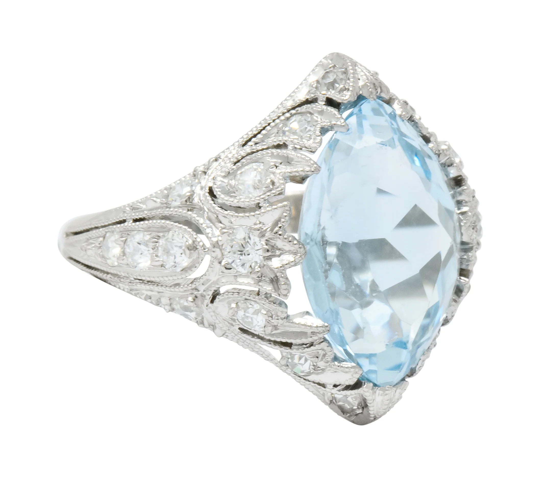 Edwardian Bailey Banks & Biddle 2.83 CTW Aquamarine Diamond Platinum Navette Ring - Image 2