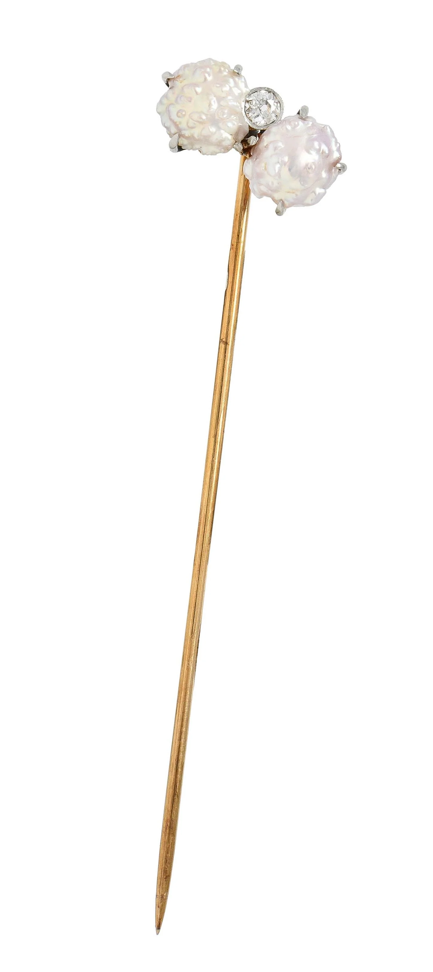 Edwardian Baroque Pearl Diamond Platinum 14 Karat Gold Antique Stickpin - Image 2