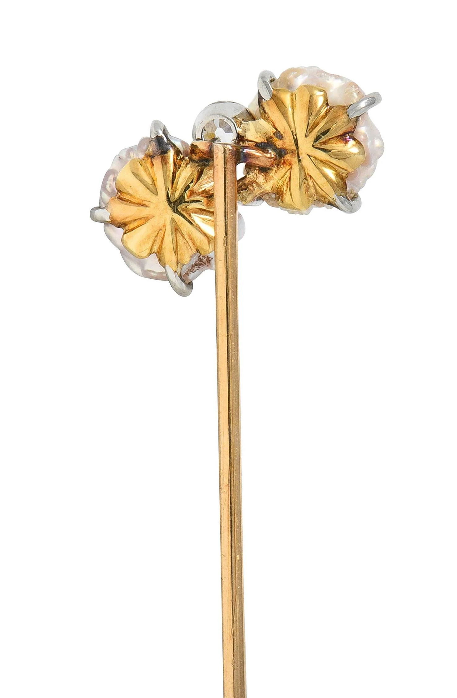 Edwardian Baroque Pearl Diamond Platinum 14 Karat Gold Antique Stickpin - Image 4