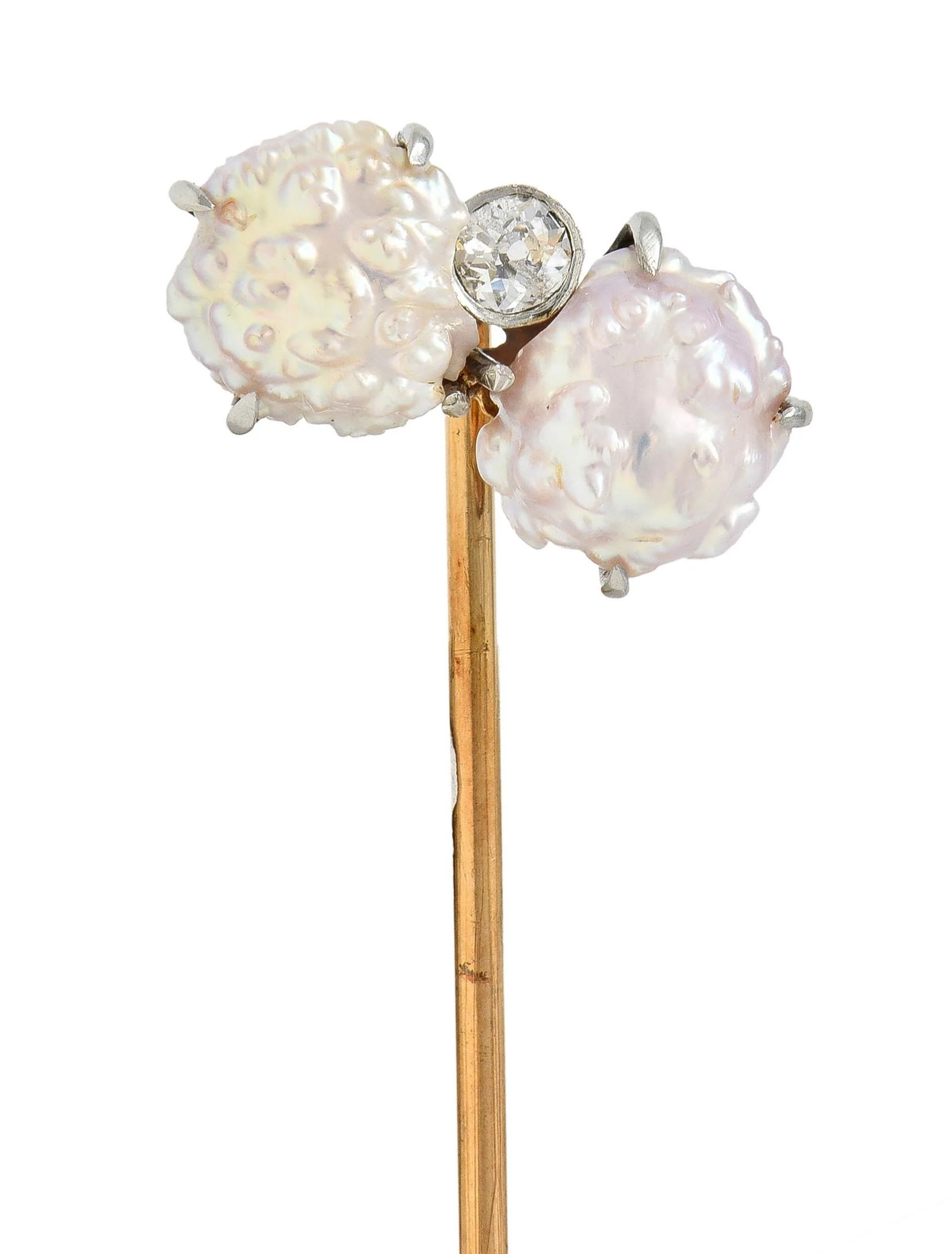 Edwardian Baroque Pearl Diamond Platinum 14 Karat Gold Antique Stickpin - Image 6