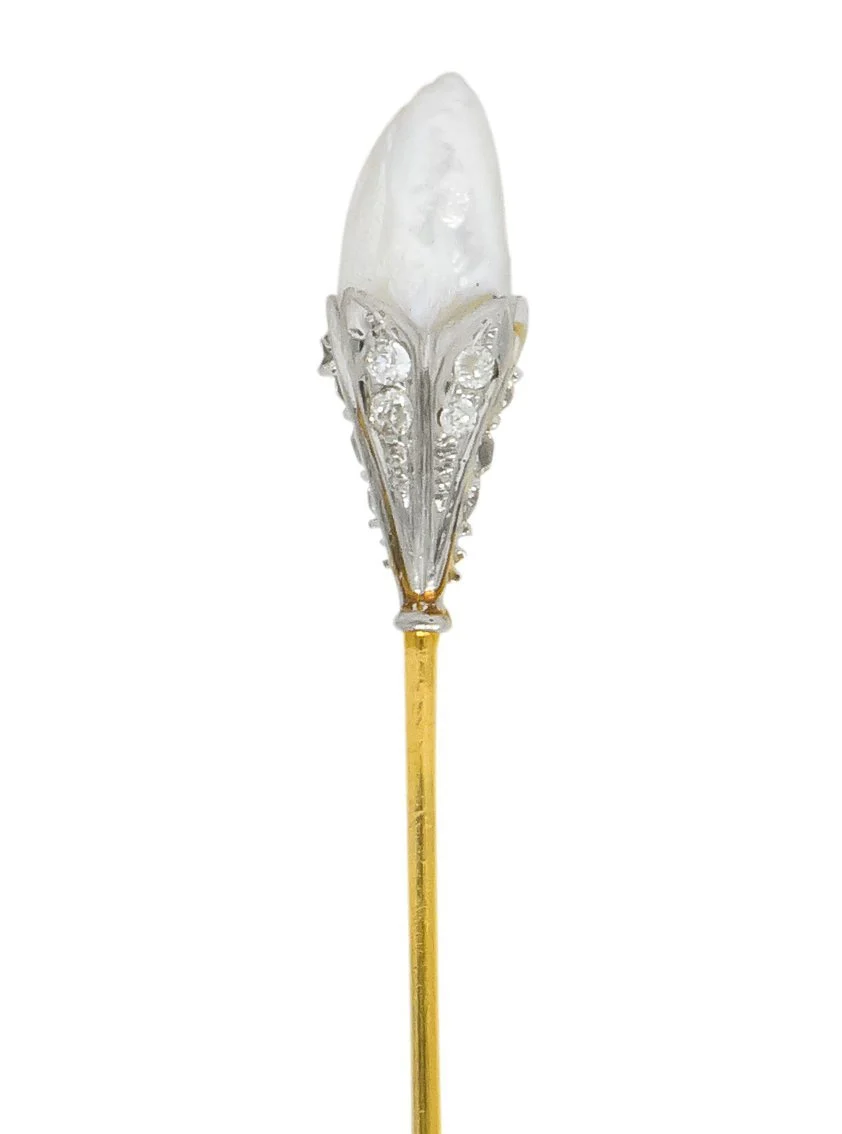 Edwardian Baroque Pearl Diamond Platinum Gold Stickpin