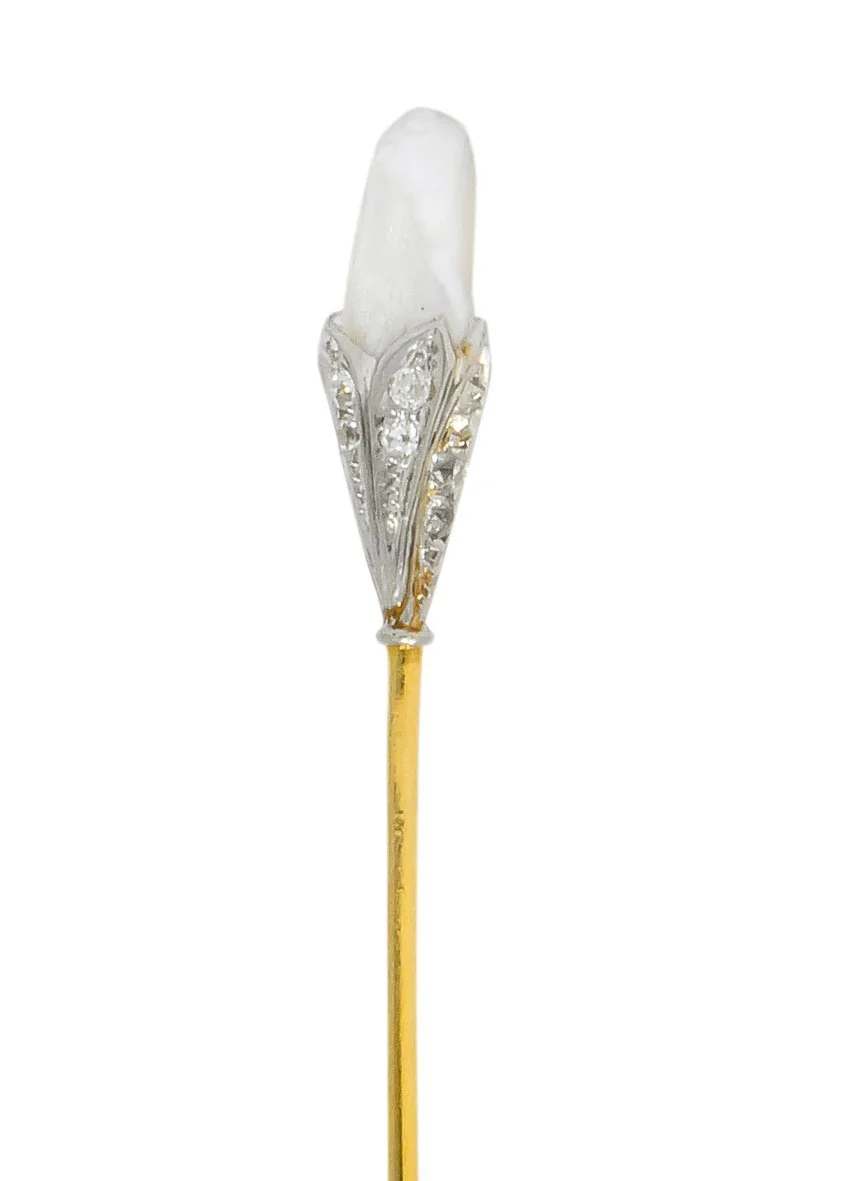 Edwardian Baroque Pearl Diamond Platinum Gold Stickpin - Image 2