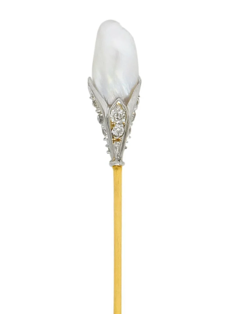 Edwardian Baroque Pearl Diamond Platinum Gold Stickpin - Image 3