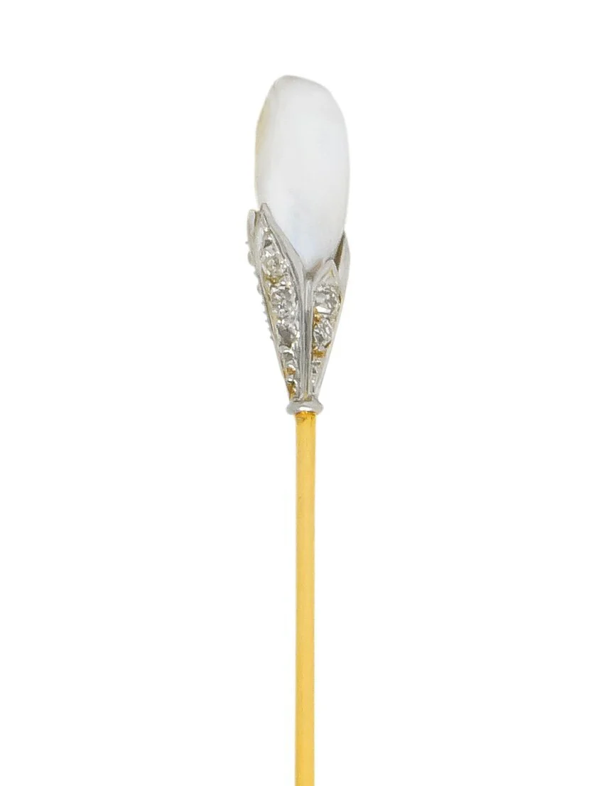 Edwardian Baroque Pearl Diamond Platinum Gold Stickpin - Image 4