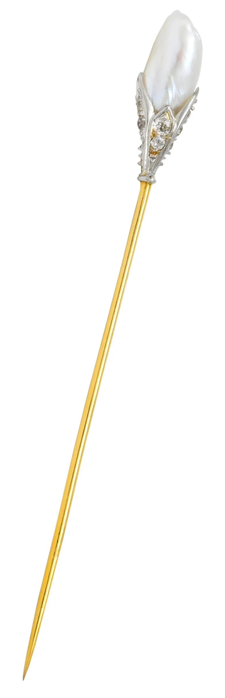 Edwardian Baroque Pearl Diamond Platinum Gold Stickpin - Image 6