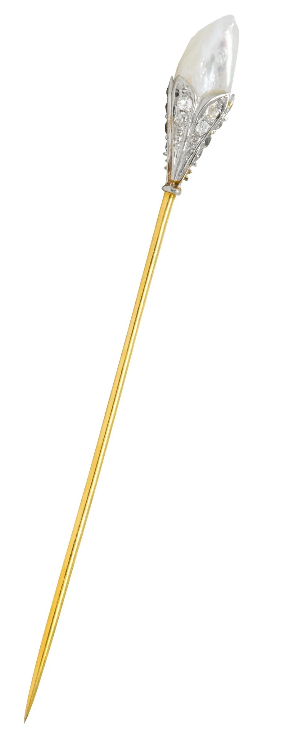 Edwardian Baroque Pearl Diamond Platinum Gold Stickpin - Image 7
