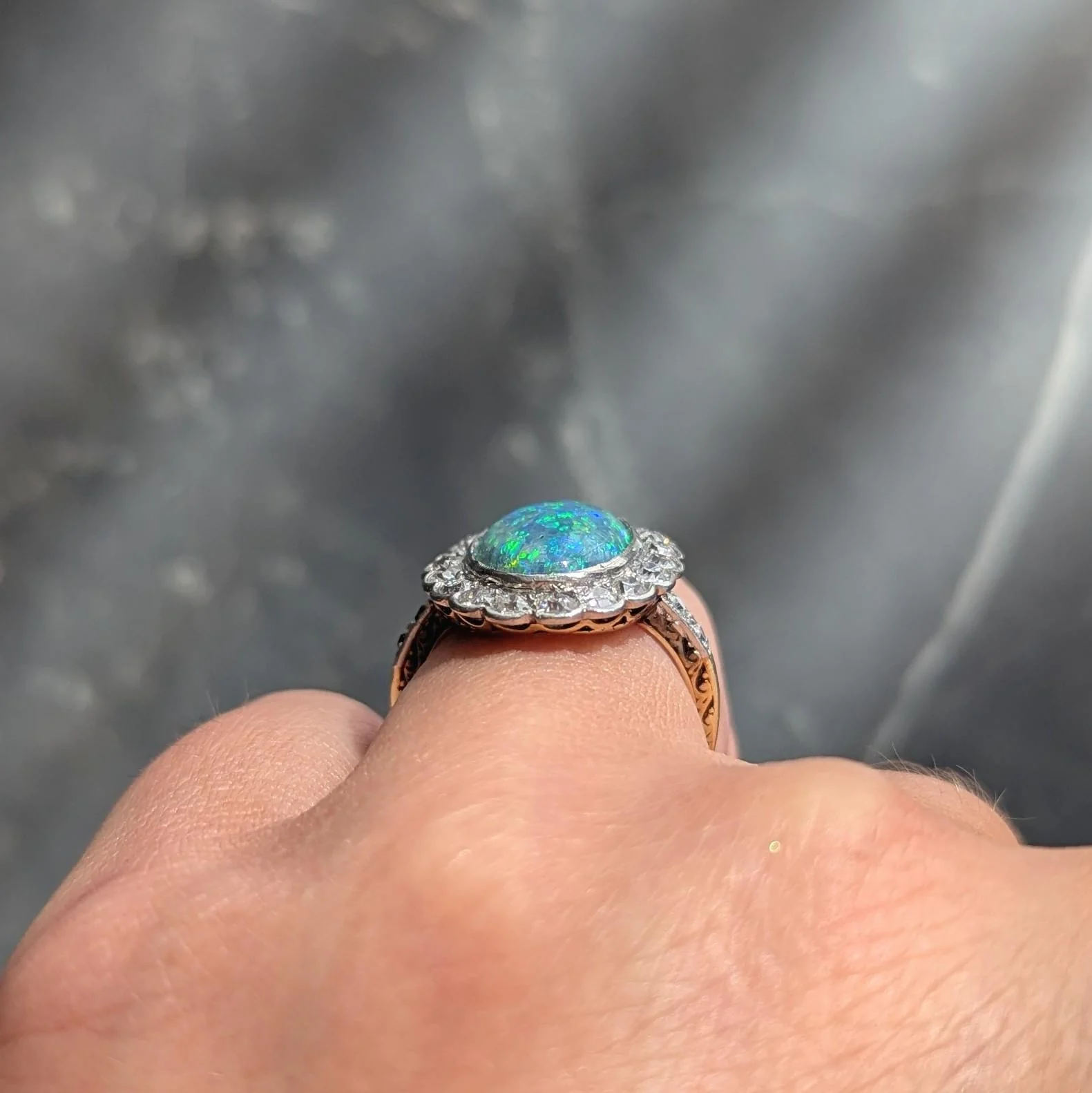 Edwardian Black Opal Diamond Platinum 18 Karat Yellow Gold Antique Halo Ring - Image 12