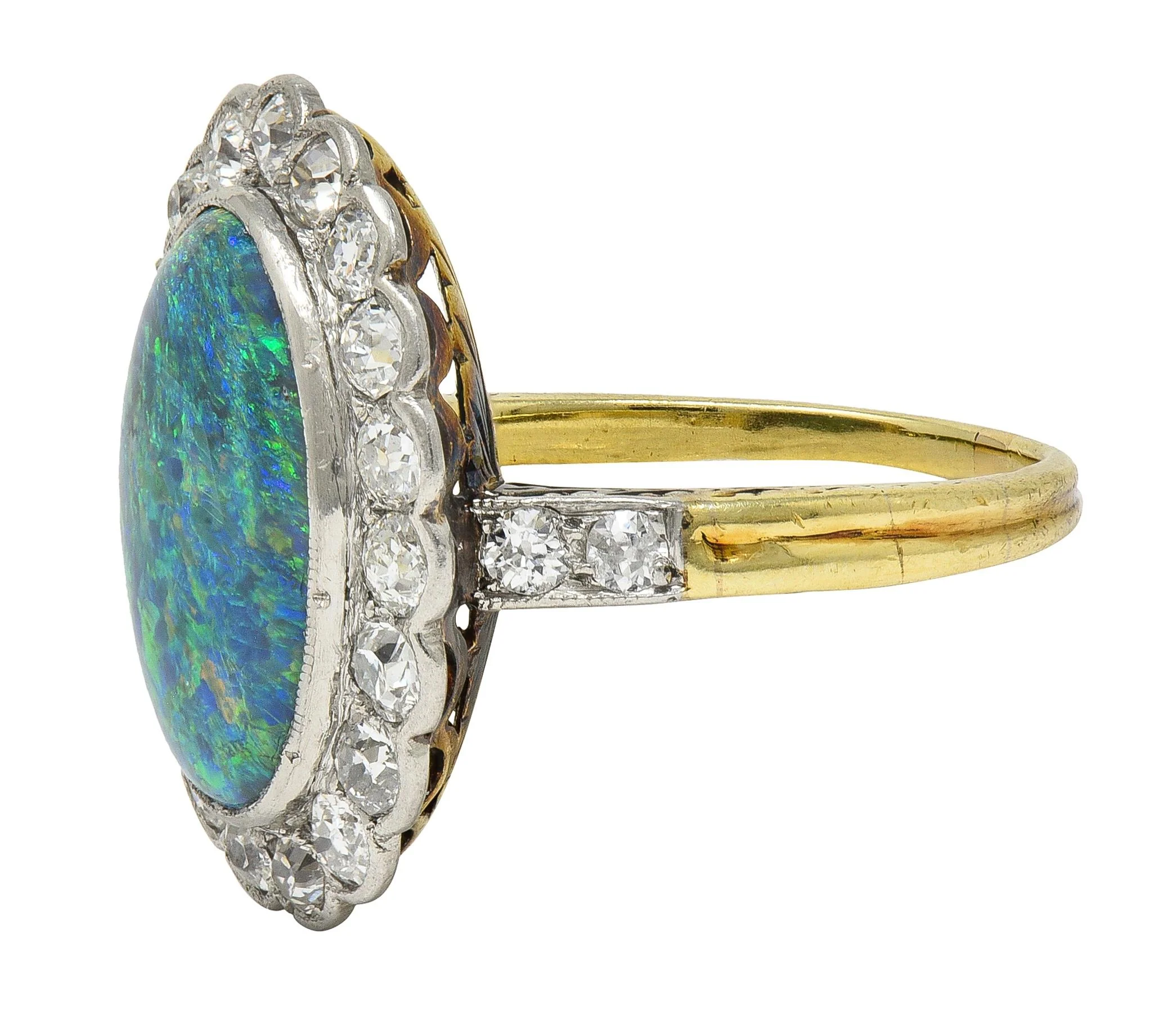 Edwardian Black Opal Diamond Platinum 18 Karat Yellow Gold Antique Halo Ring - Image 5