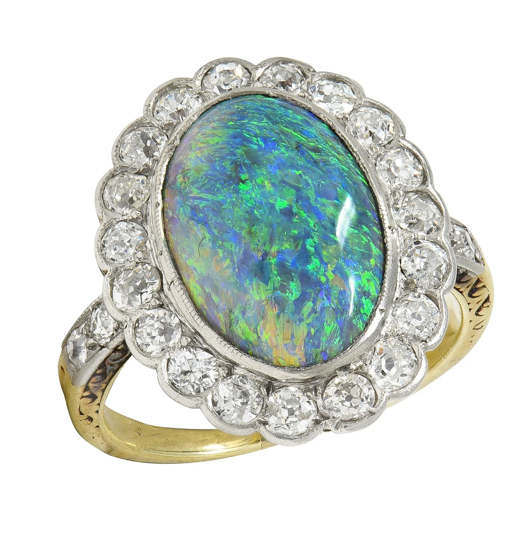 Edwardian Black Opal Diamond Platinum 18 Karat Yellow Gold Antique Halo Ring - Image 7