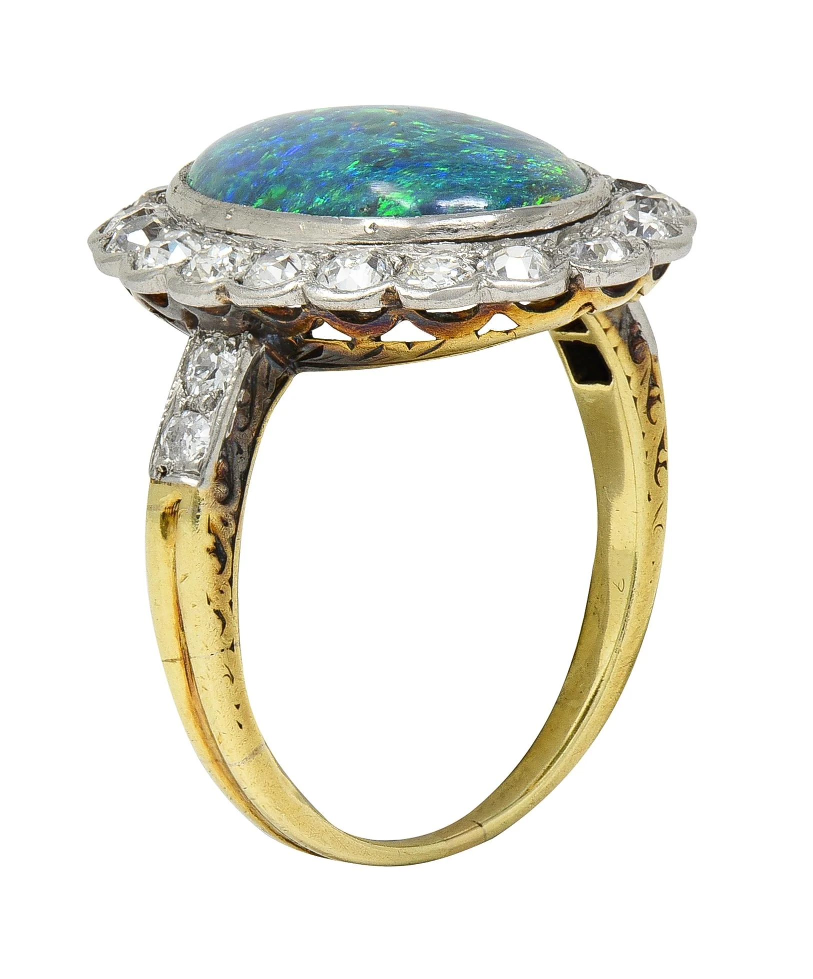 Edwardian Black Opal Diamond Platinum 18 Karat Yellow Gold Antique Halo Ring - Image 9