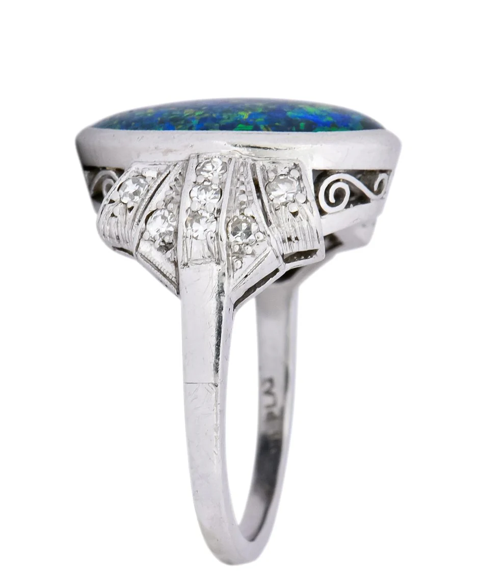 Edwardian Black Opal Diamond Platinum Cocktail Ring - Image 4
