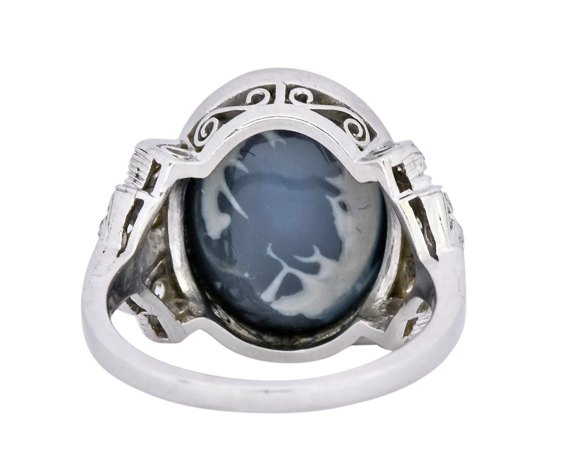 Edwardian Black Opal Diamond Platinum Cocktail Ring - Image 6