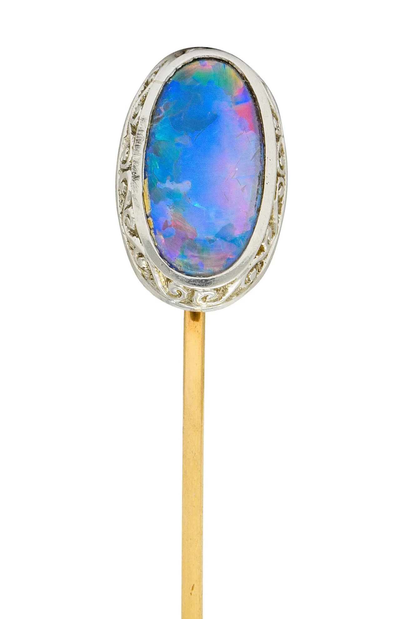 Edwardian Black Opal Platinum 14 Karat Gold Scrolled Stickpin