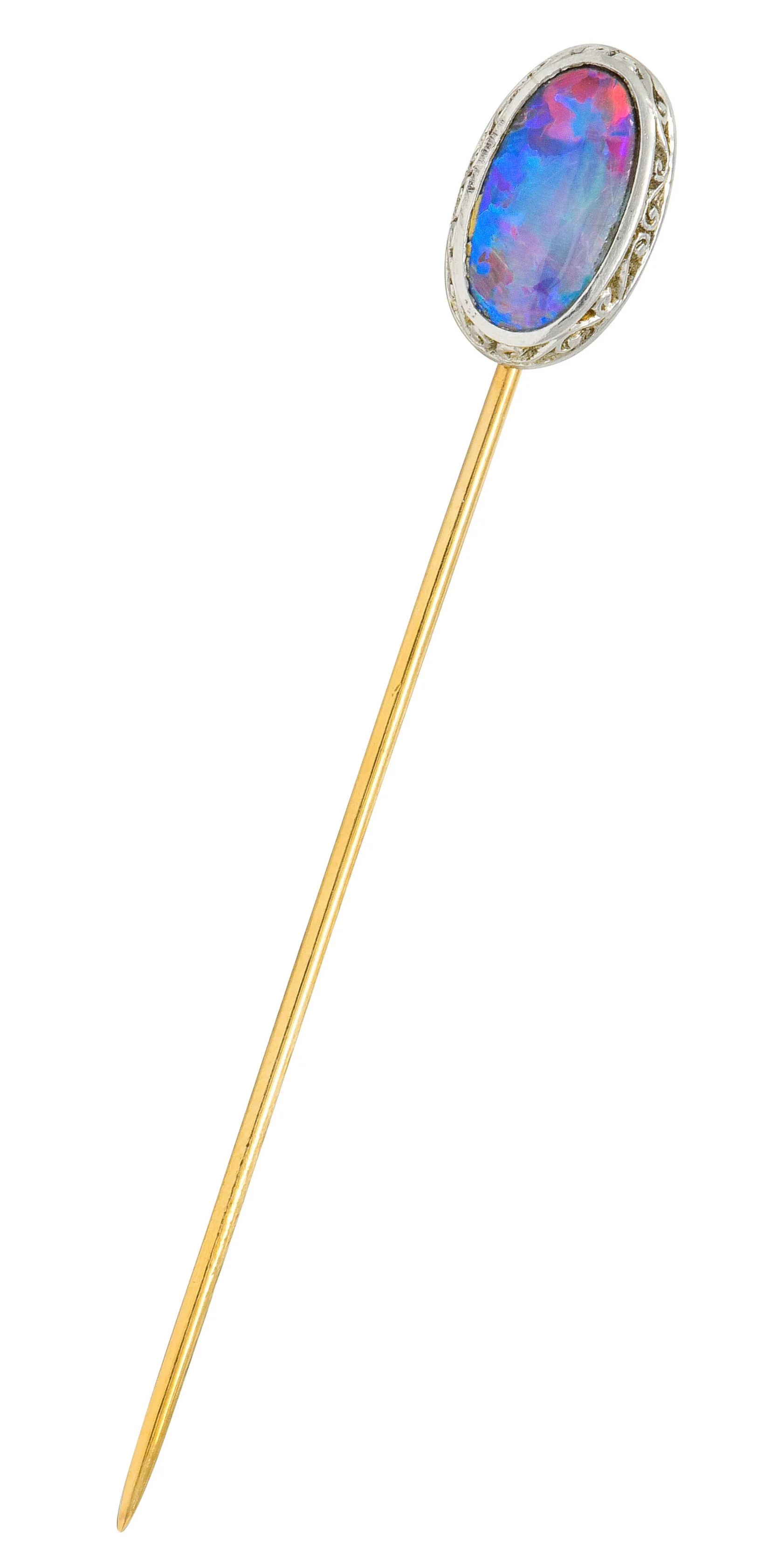Edwardian Black Opal Platinum 14 Karat Gold Scrolled Stickpin - Image 2