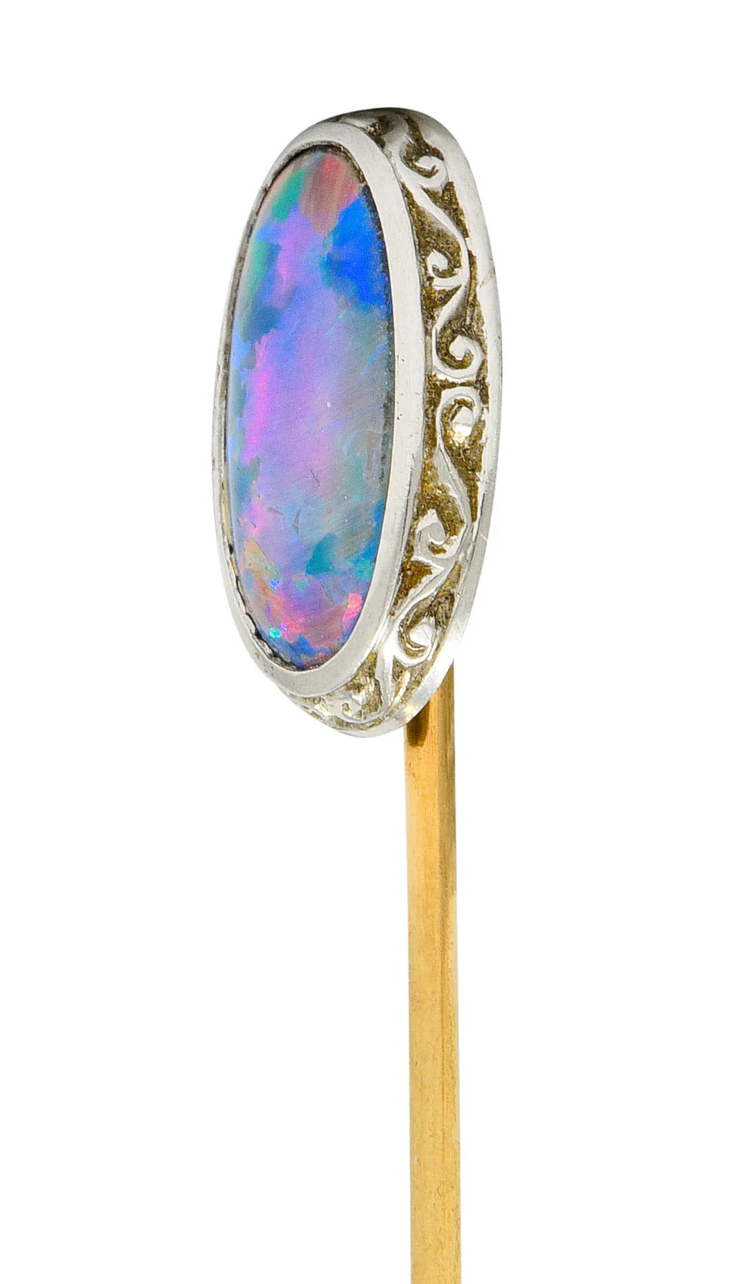 Edwardian Black Opal Platinum 14 Karat Gold Scrolled Stickpin - Image 3