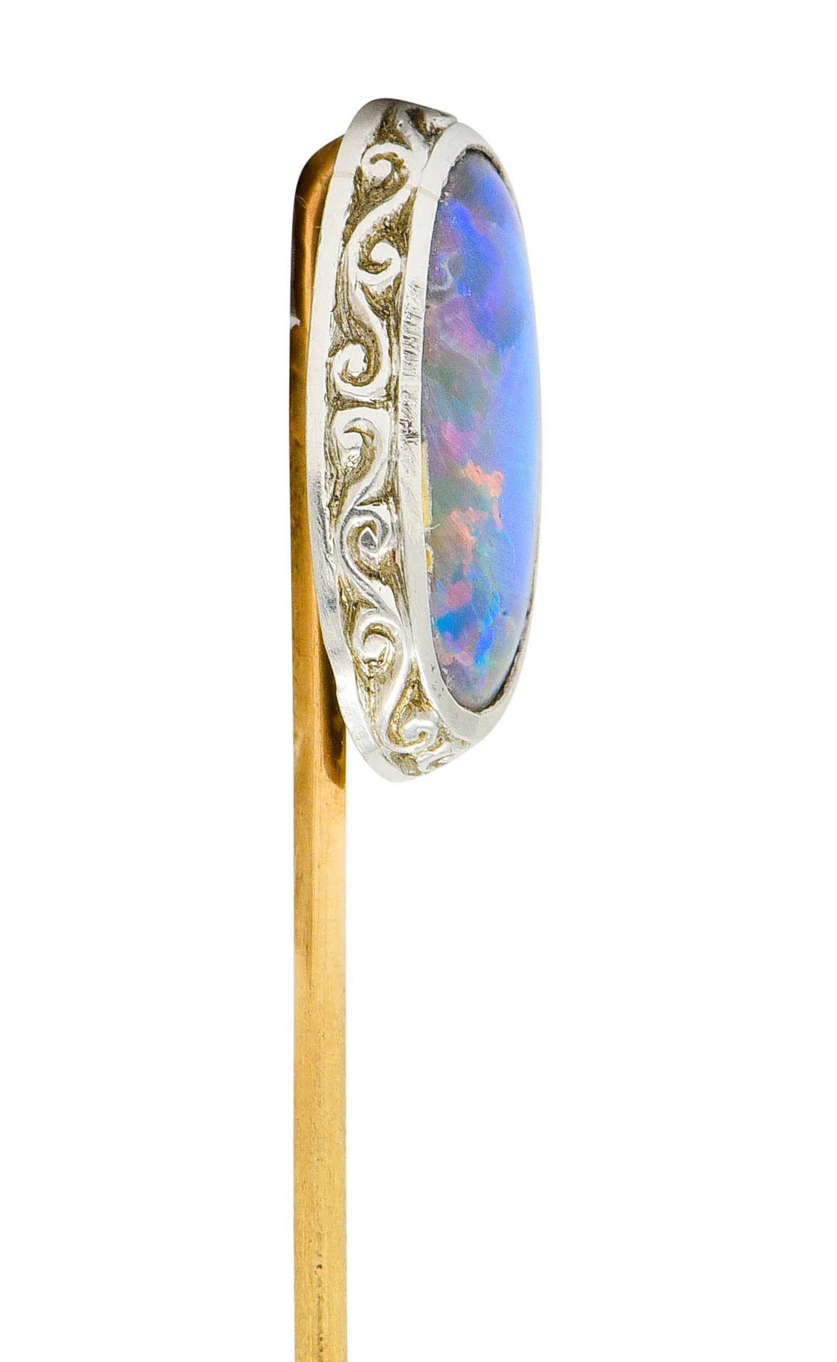 Edwardian Black Opal Platinum 14 Karat Gold Scrolled Stickpin - Image 5