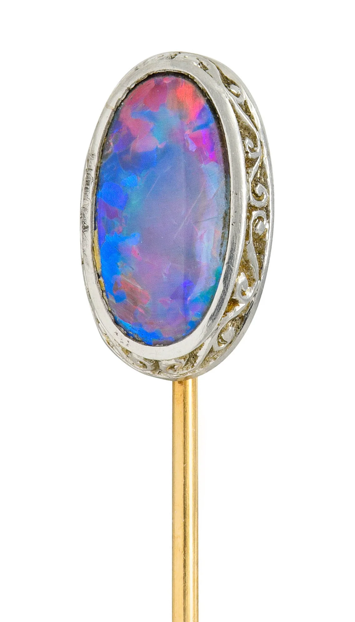Edwardian Black Opal Platinum 14 Karat Gold Scrolled Stickpin - Image 6